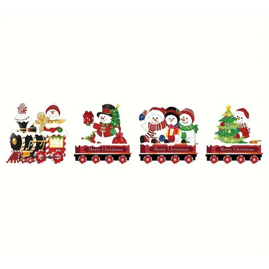 Decoratiune de Craciun, Flippy, pentru Gradina, Tip Trenulet, 4 Figurine + Bete de Infipt in Pamant, din Plastic, Impermeabil, Model Oameni de Zapada, Multicolor-0