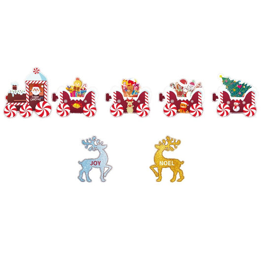 Decoratiune de Craciun, Flippy, pentru Gradina, Tip Trenulet, 7 Figurine + Bete de Infipt in Pamant, din Plastic, Impermeabil, Model Renii Joy si Noel, Multicolor-0