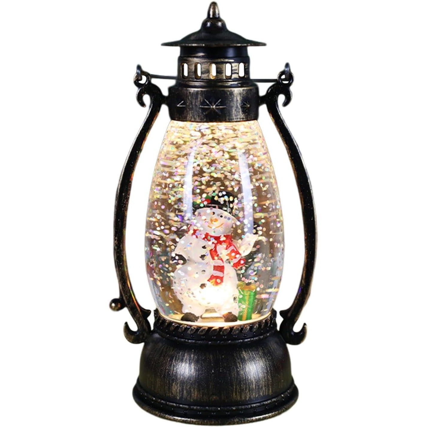 Decoratiune Luminoasa, Flippy, Felinar de Craciun, cu Lumina LED, Ornament Model Lampa cu Ulei Om de Zapada, cu Maner, 14x7x6 cm, Negru-0