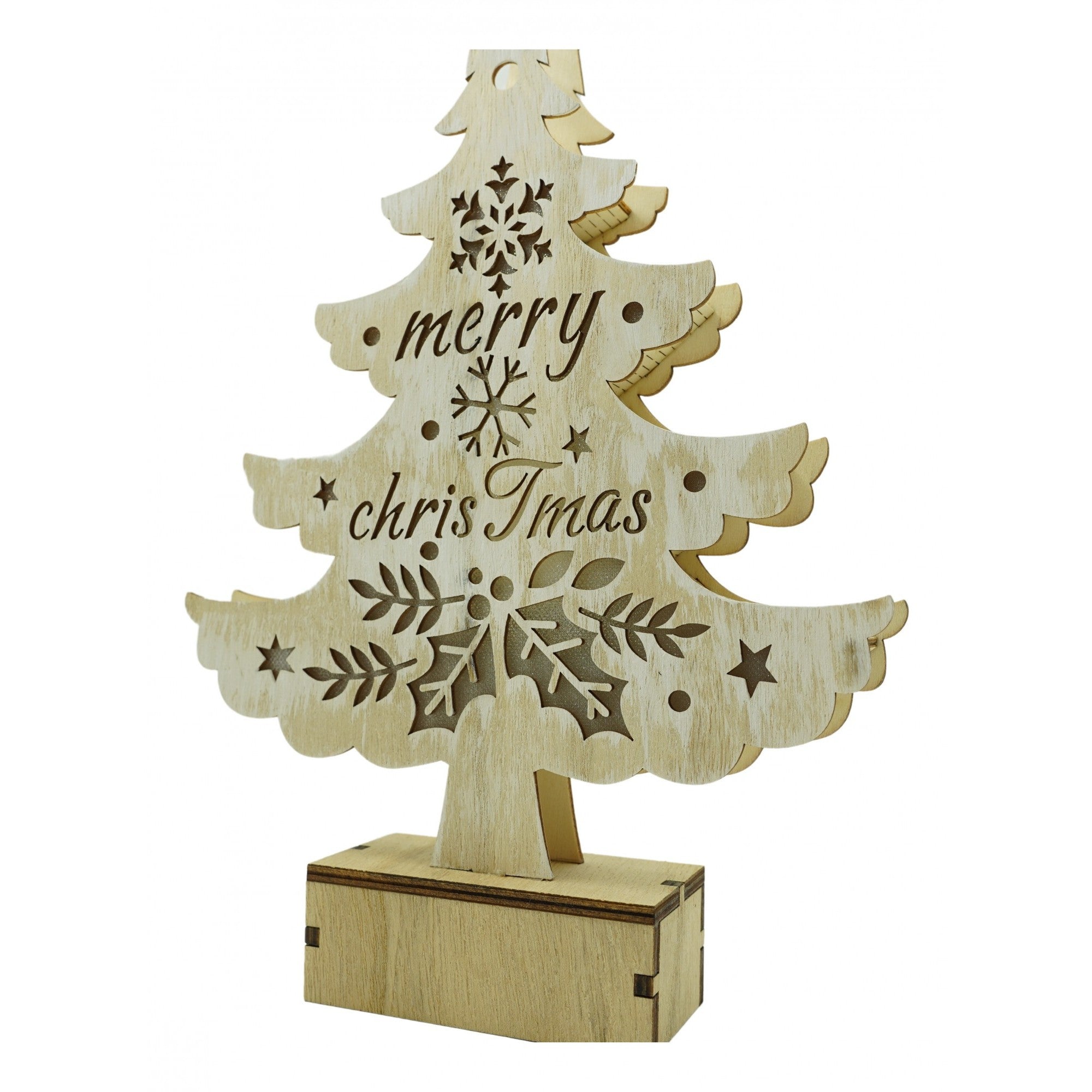 Decoratiune luminoasa, model de  Brad cu inscriptie Marry Christmas, alb, lungime: 11 cm, latime: 5 cm, inaltime: 30 cm, lemn, interior/exterior-0