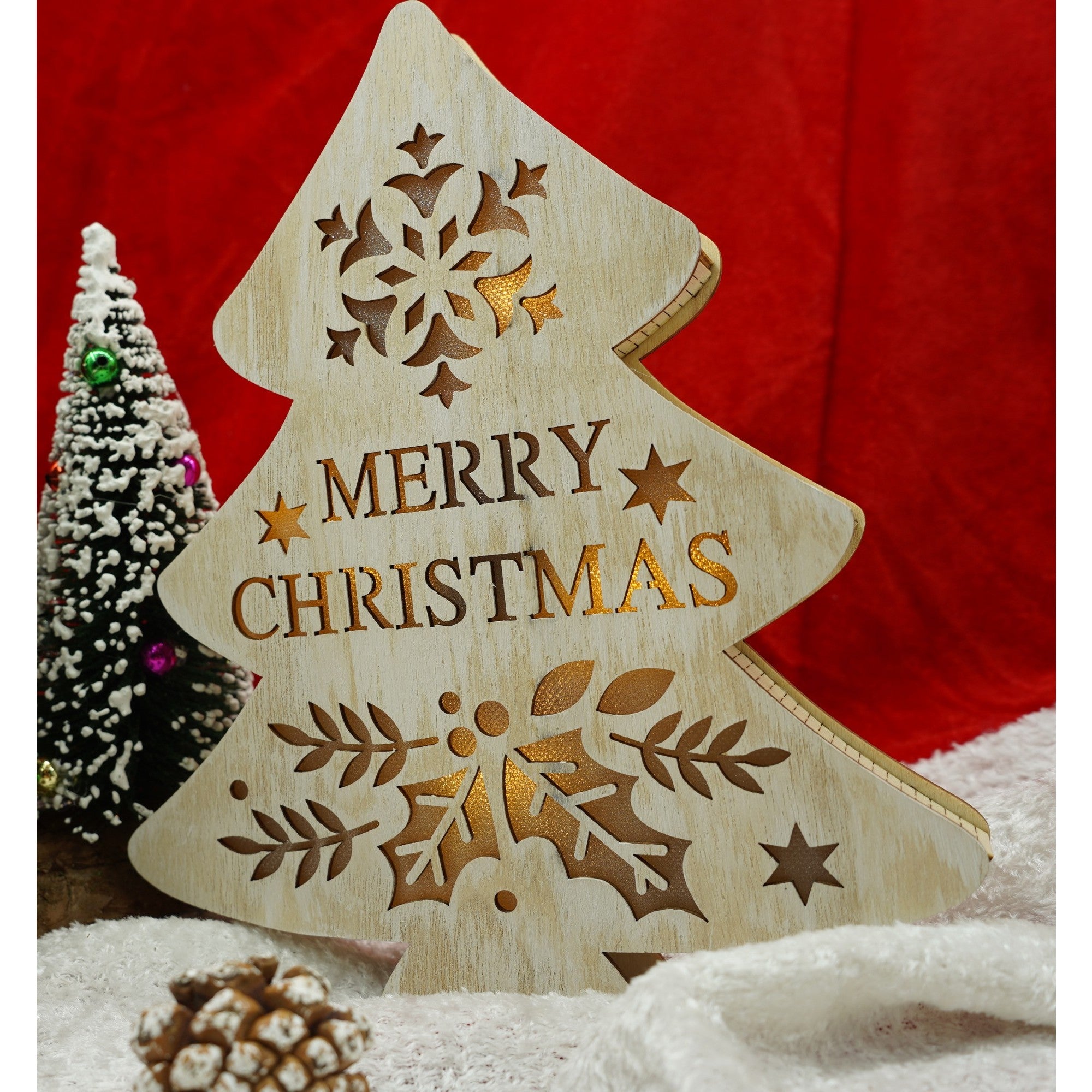 Decoratiune luminoasa, model de  Brad cu inscriptie Marry Christmas, alb, lungime: 19 cm, latime: 3 cm, inaltime: 22 cm, lemn, interior/exterior-1