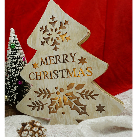 Decoratiune luminoasa, model de  Brad cu inscriptie Marry Christmas, alb, lungime: 19 cm, latime: 3 cm, inaltime: 22 cm, lemn, interior/exterior-1