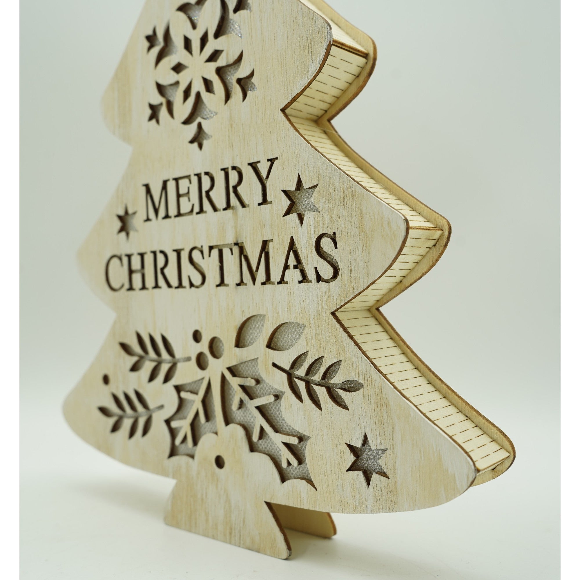 Decoratiune luminoasa, model de  Brad cu inscriptie Marry Christmas, alb, lungime: 19 cm, latime: 3 cm, inaltime: 22 cm, lemn, interior/exterior-2