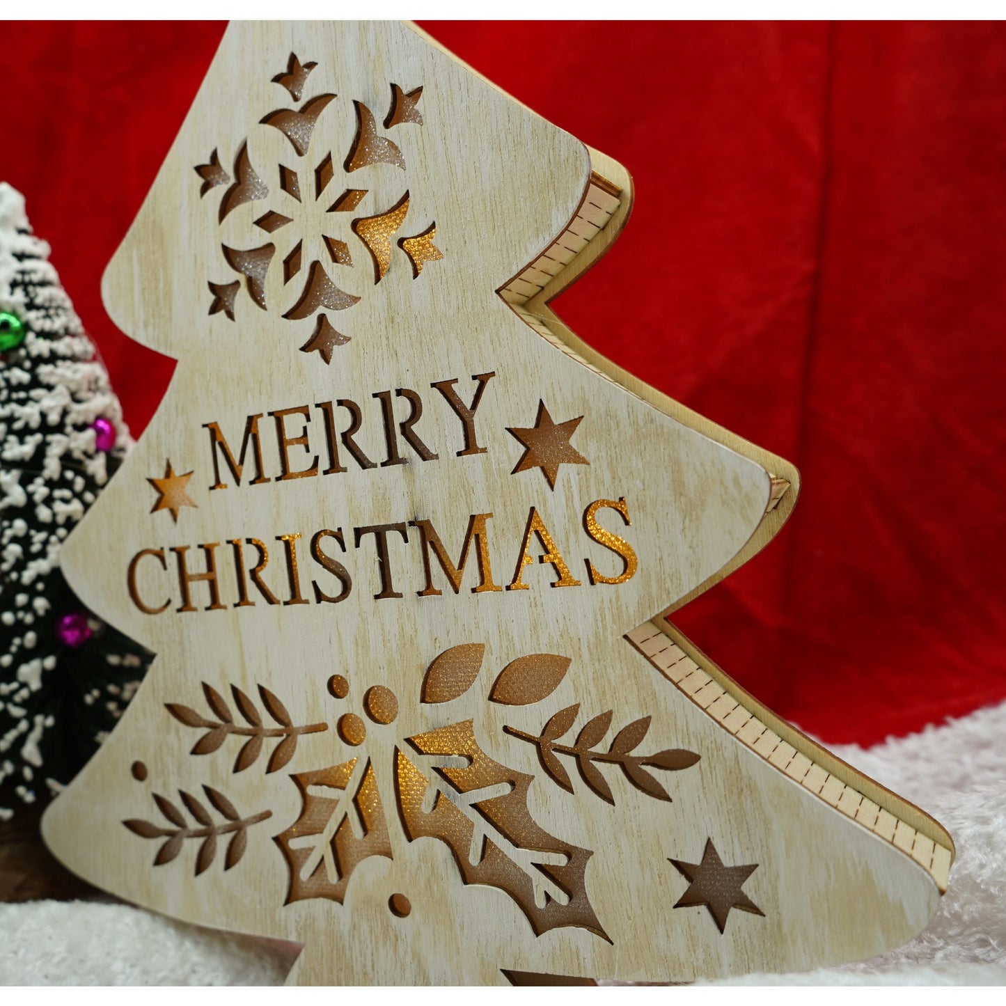 Decoratiune luminoasa, model de  Brad cu inscriptie Marry Christmas, alb, lungime: 19 cm, latime: 3 cm, inaltime: 22 cm, lemn, interior/exterior-3