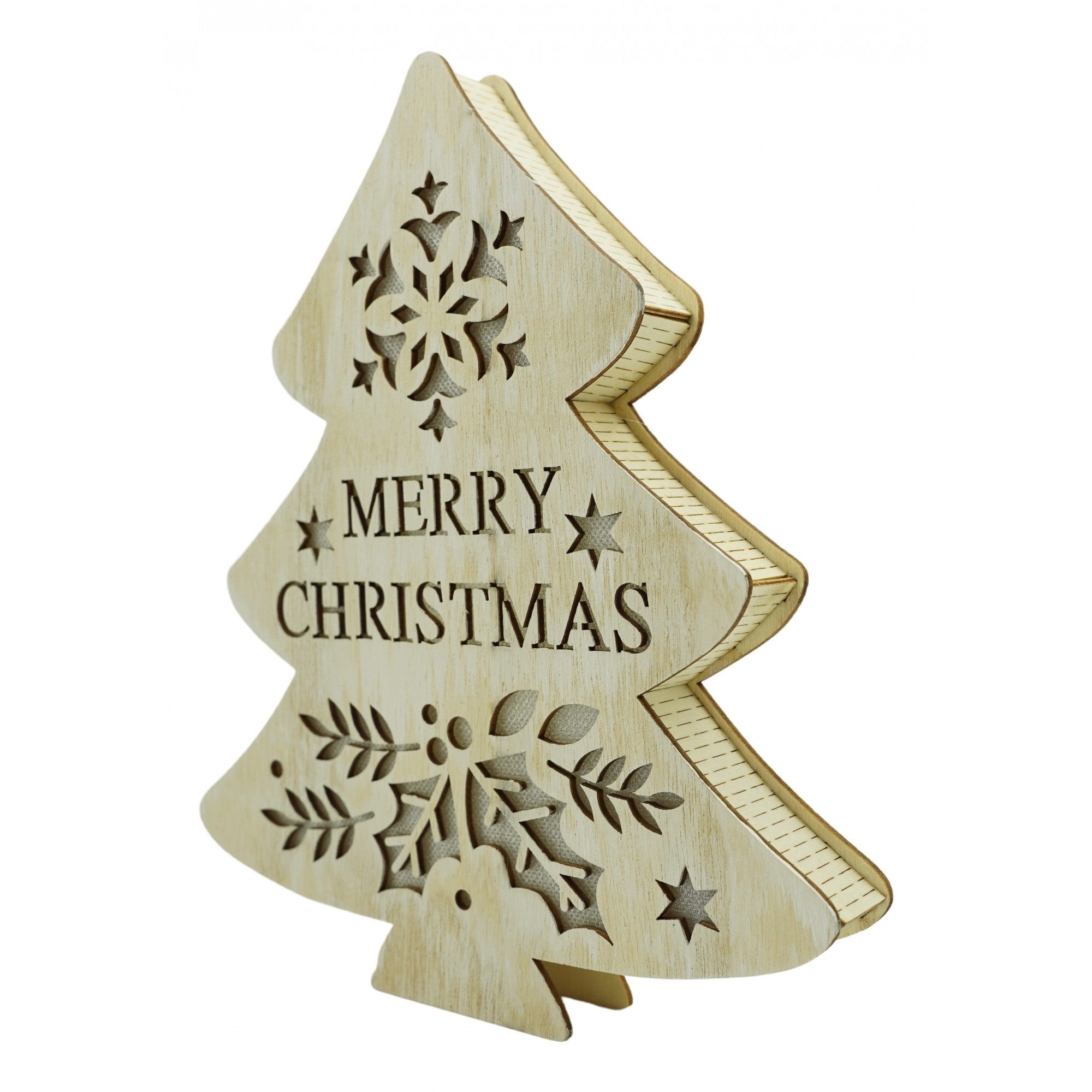 Decoratiune luminoasa, model de  Brad cu inscriptie Marry Christmas, alb, lungime: 19 cm, latime: 3 cm, inaltime: 22 cm, lemn, interior/exterior-0