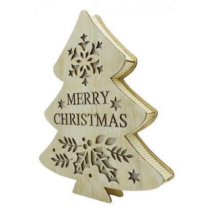 Decoratiune luminoasa, model de  Brad cu inscriptie Marry Christmas, alb, lungime: 19 cm, latime: 3 cm, inaltime: 22 cm, lemn, interior/exterior-0