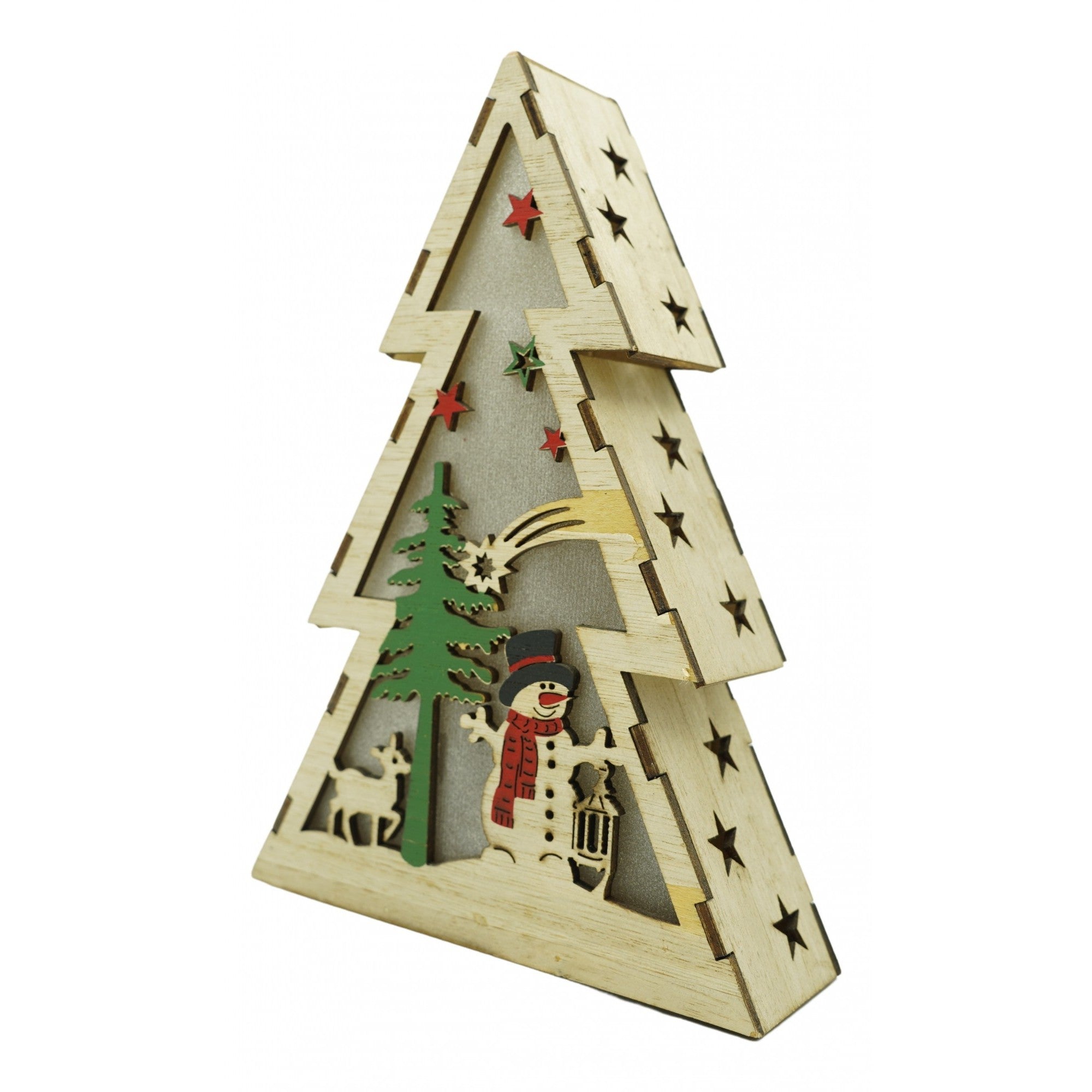 Decoratiune luminoasa, model de Brad cu Om de zapada, maro, lungime: 14 cm, latime: 5 cm, inaltime: 20 cm, lemn, interior/exterior-0