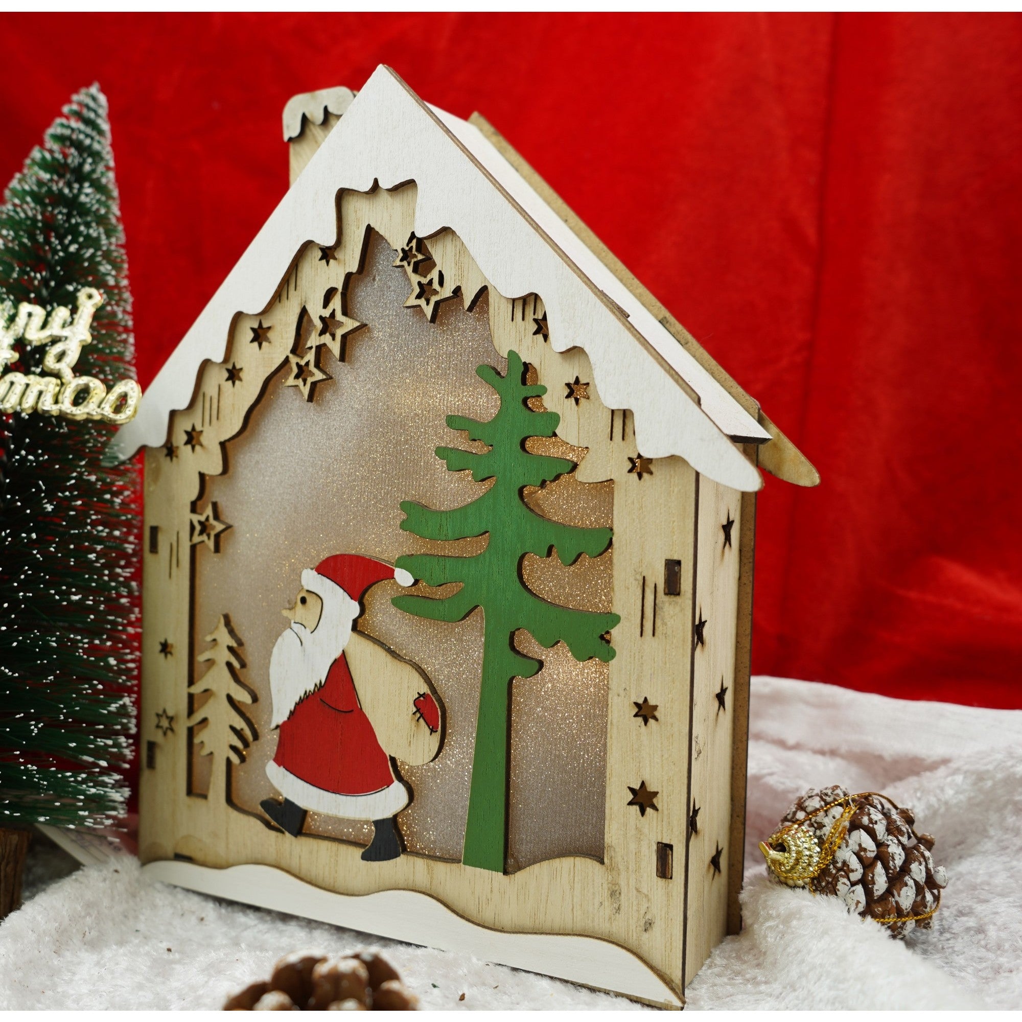 Decoratiune luminoasa, model de  Casa cu Mos Craciun, maro, lungime: 18 cm, latime: 21 cm, inaltime: 5 cm, lemn, interior/exterior-1