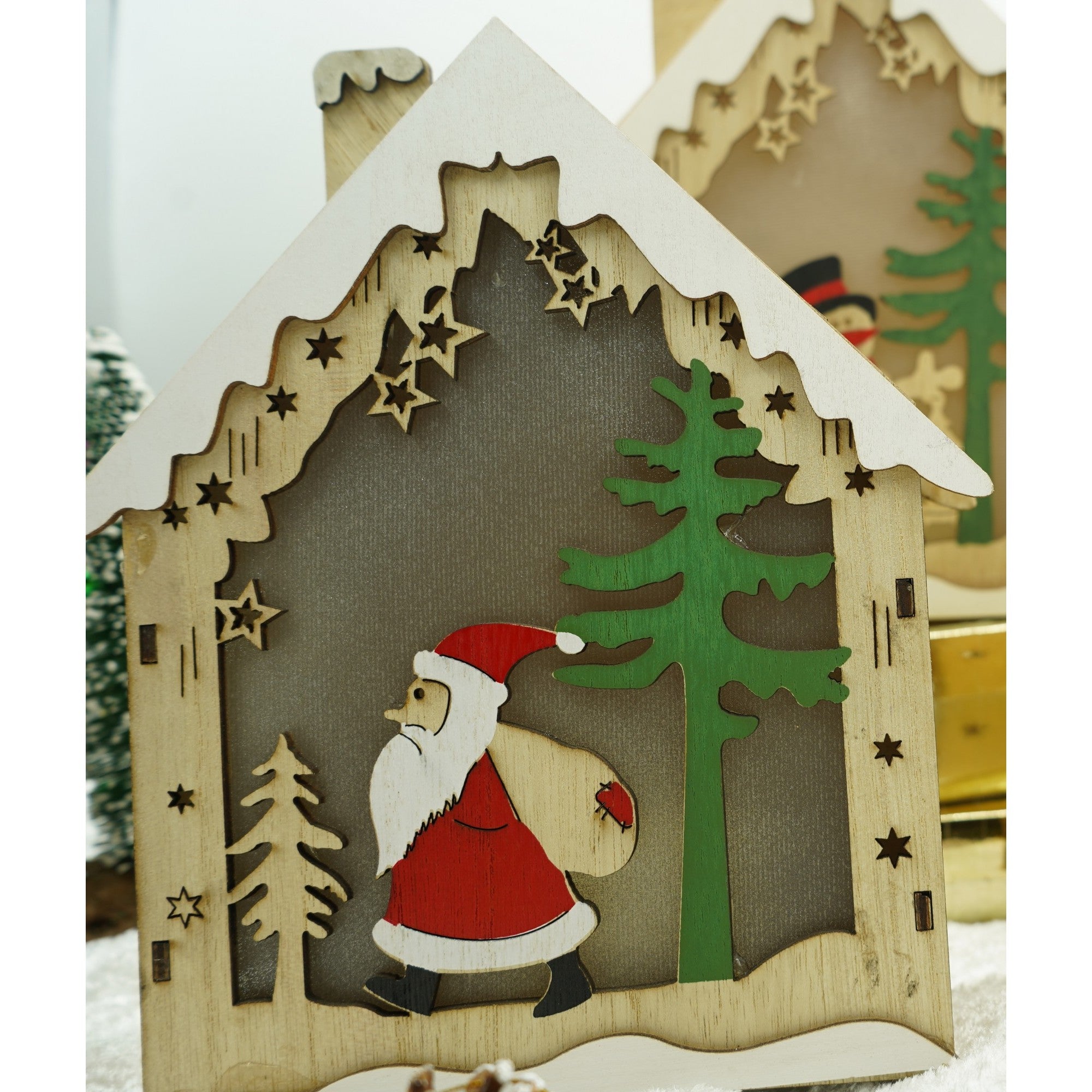 Decoratiune luminoasa, model de  Casa cu Mos Craciun, maro, lungime: 18 cm, latime: 21 cm, inaltime: 5 cm, lemn, interior/exterior-2
