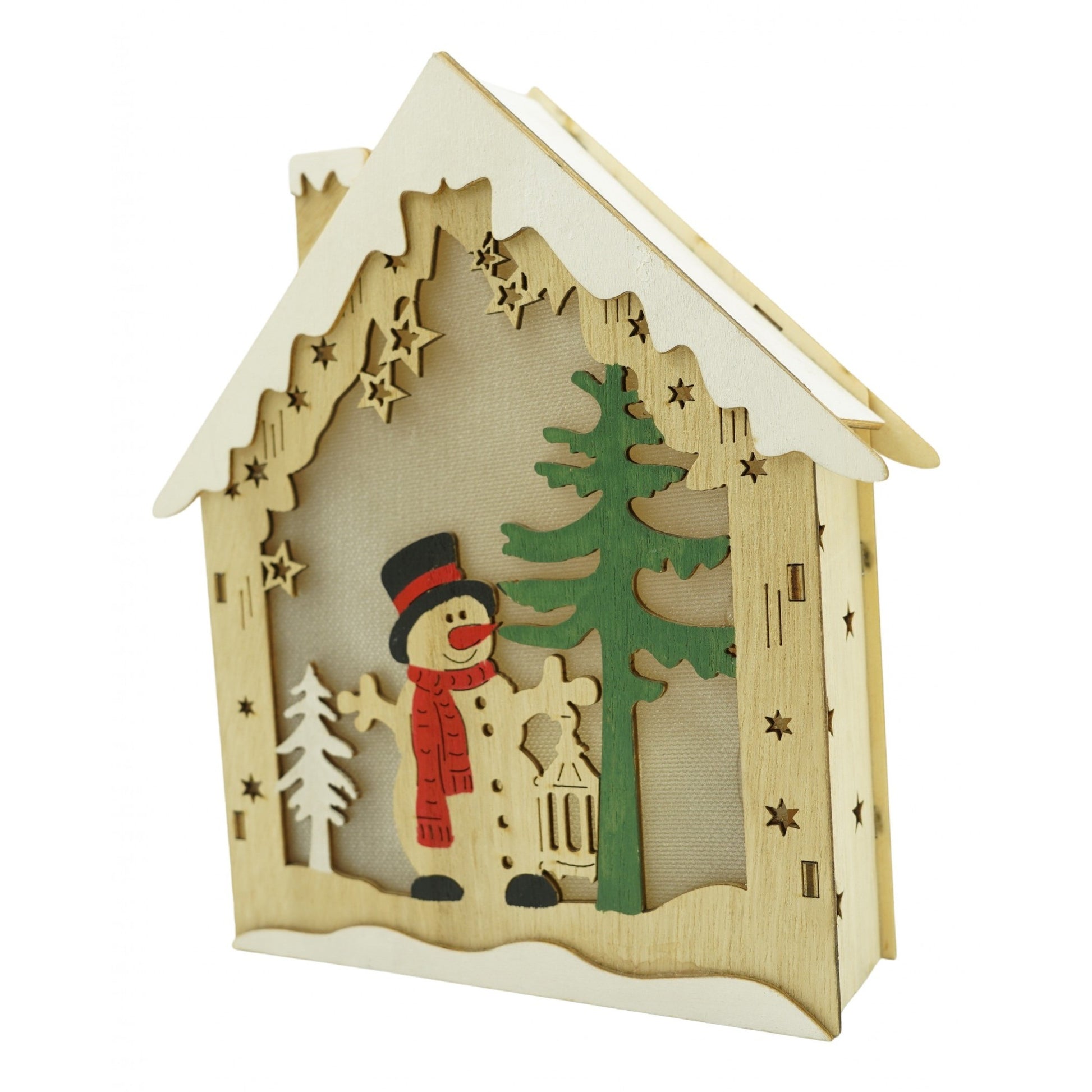 Decoratiune luminoasa, model de  Casa cu Om de zapada, maro, lungime: 18 cm, latime: 5 cm, inaltime: 21 cm, lemn, interior/exterior-0
