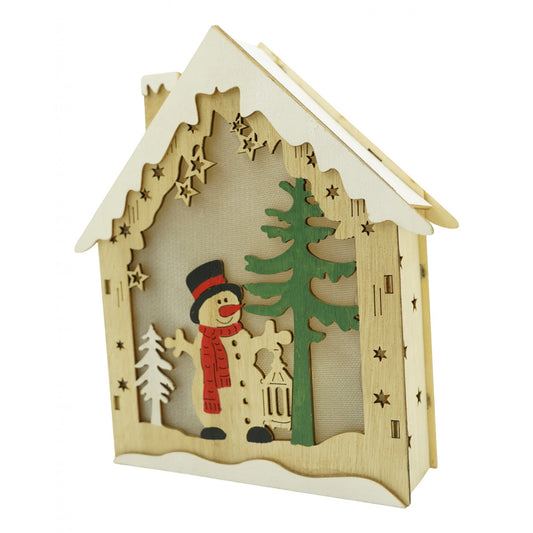 Decoratiune luminoasa, model de  Casa cu Om de zapada, maro, lungime: 18 cm, latime: 5 cm, inaltime: 21 cm, lemn, interior/exterior-0