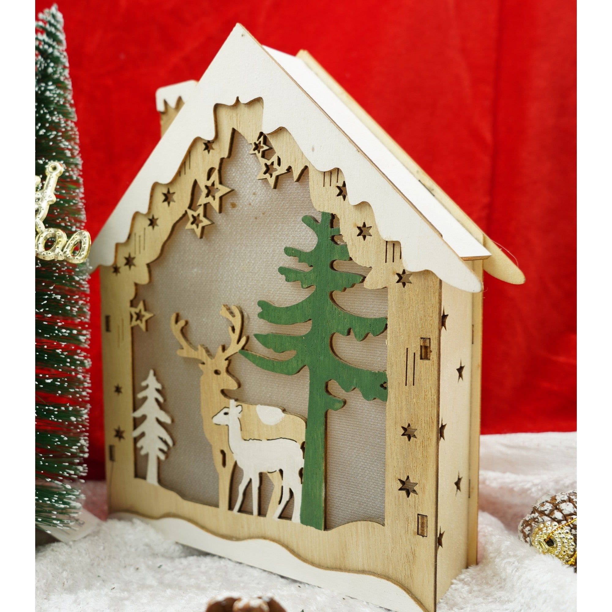 Decoratiune luminoasa, model de  Casa cu Reni, maro, lungime: 18 cm, latime: 5 cm, inaltime: 21 cm, lemn, interior/exterior-1
