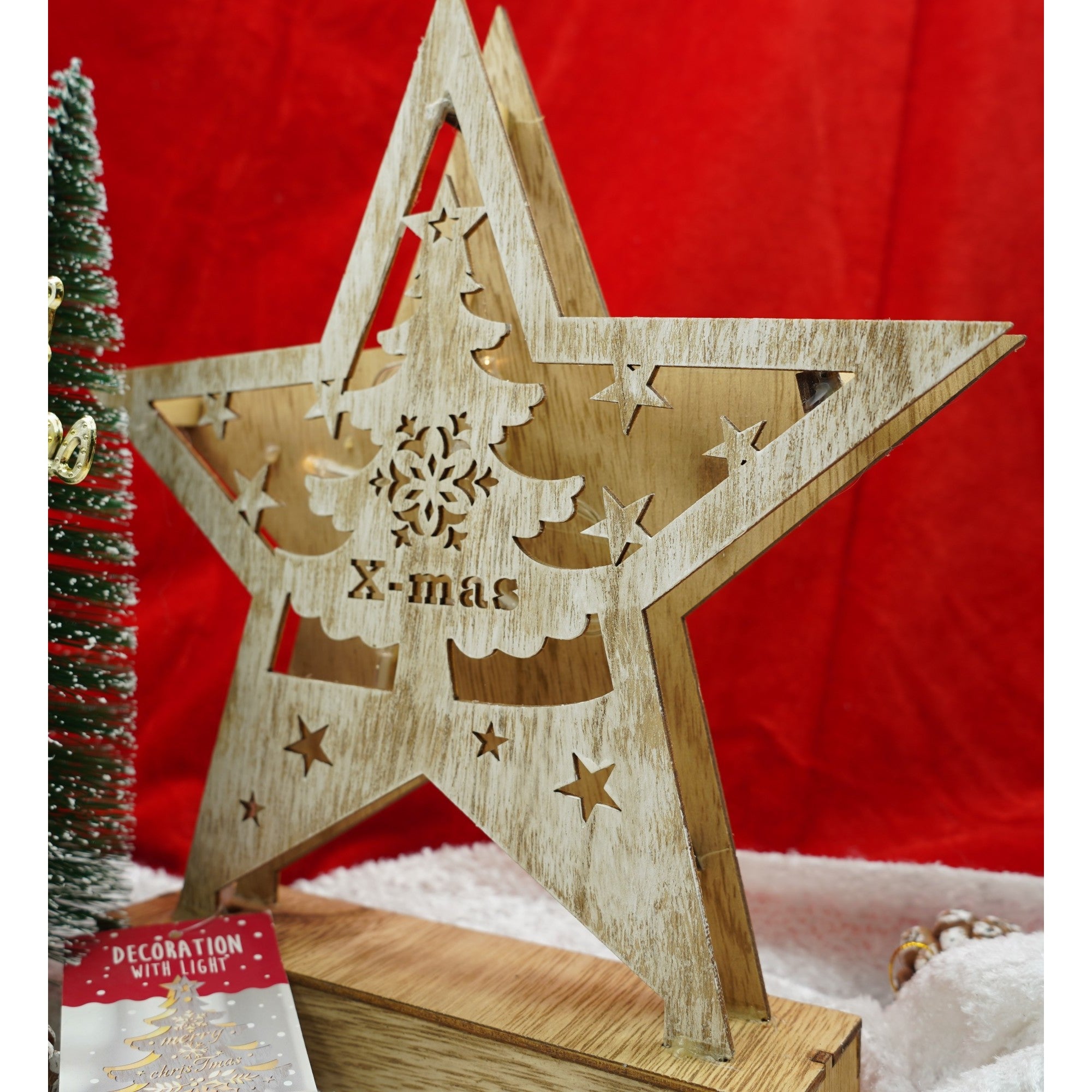 Decoratiune luminoasa, model de Stea cu Brad si inscriptie Marry Christmas, alb, lungime: 19 cm, latime: 5 cm, inaltime: 26 cm, lemn, interior/exterior-1