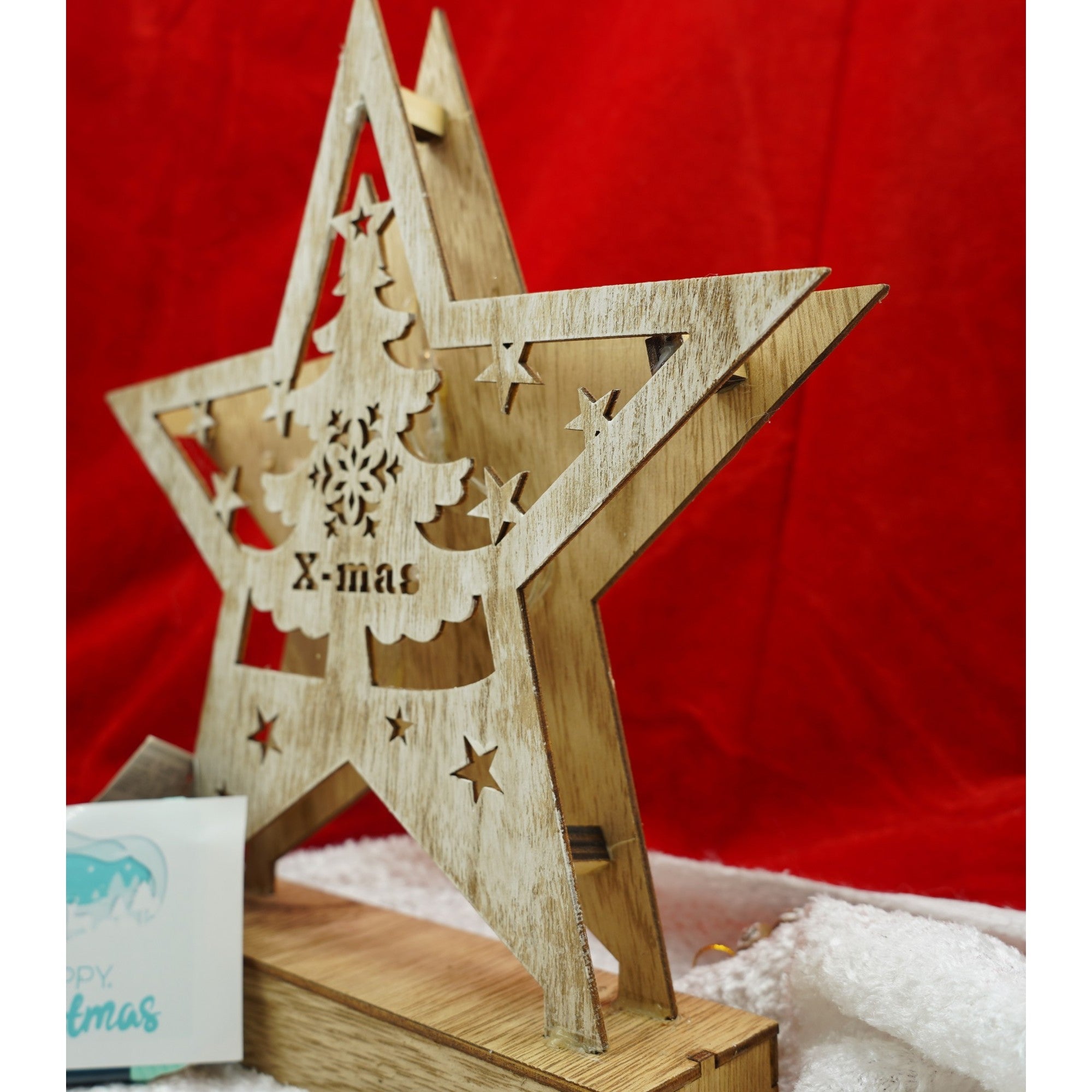 Decoratiune luminoasa, model de Stea cu Brad si inscriptie Marry Christmas, alb, lungime: 19 cm, latime: 5 cm, inaltime: 26 cm, lemn, interior/exterior-4