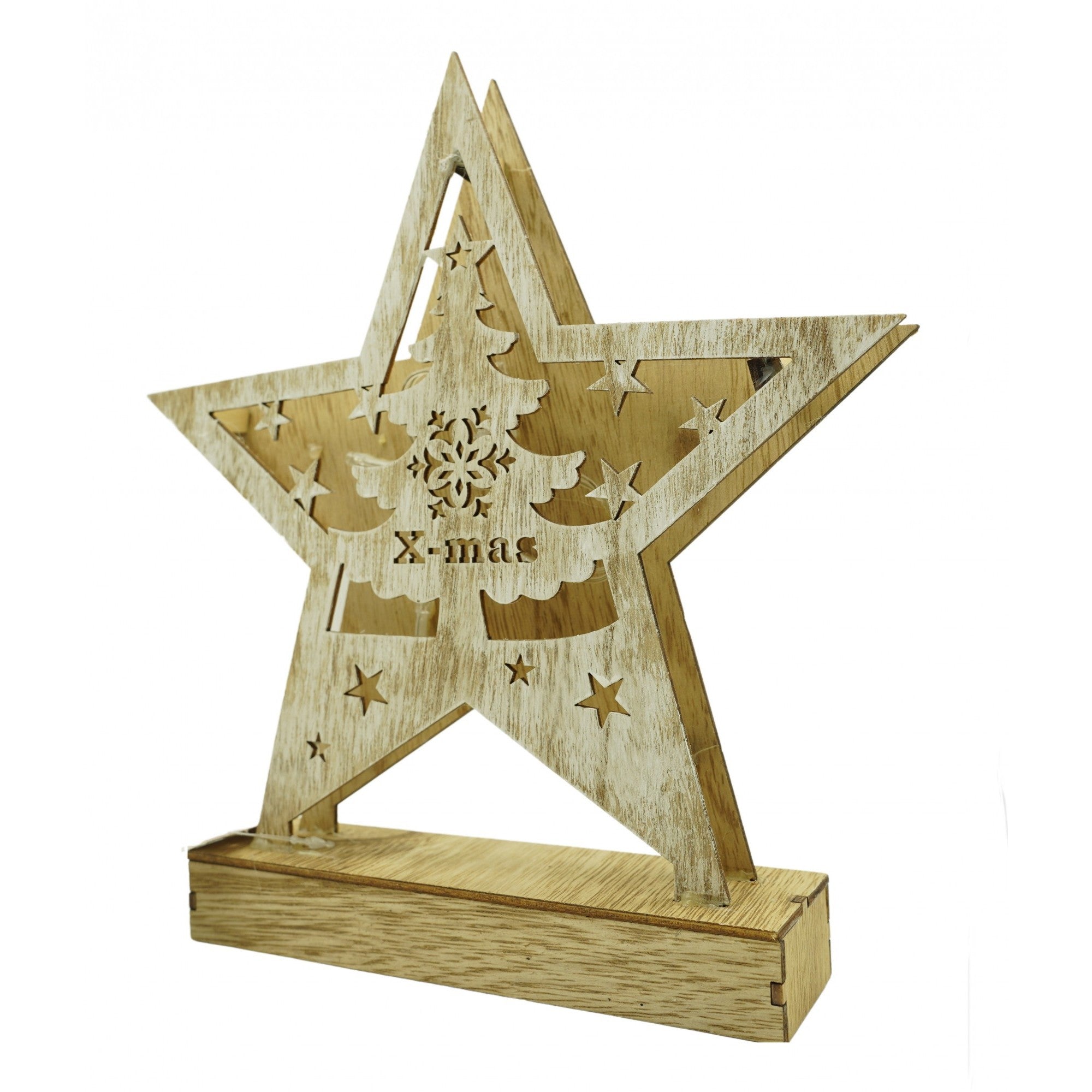 Decoratiune luminoasa, model de Stea cu Brad si inscriptie Marry Christmas, alb, lungime: 19 cm, latime: 5 cm, inaltime: 26 cm, lemn, interior/exterior-0