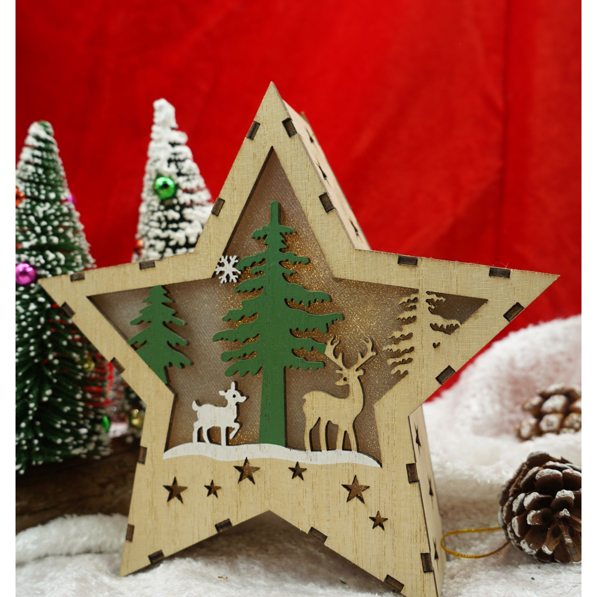 Decoratiune luminoasa, model de Stea cu Reni, maro, lungime: 18 cm, latime: 18 cm, inaltime: 4 cm, lemn, interior/exterior-1