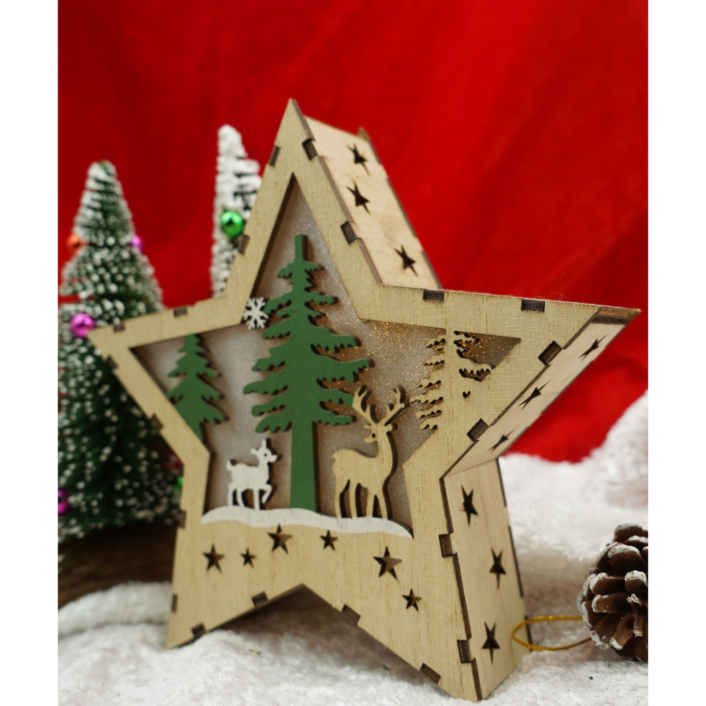 Decoratiune luminoasa, model de Stea cu Reni, maro, lungime: 18 cm, latime: 18 cm, inaltime: 4 cm, lemn, interior/exterior-2
