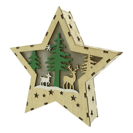 Decoratiune luminoasa, model de Stea cu Reni, maro, lungime: 18 cm, latime: 18 cm, inaltime: 4 cm, lemn, interior/exterior-0