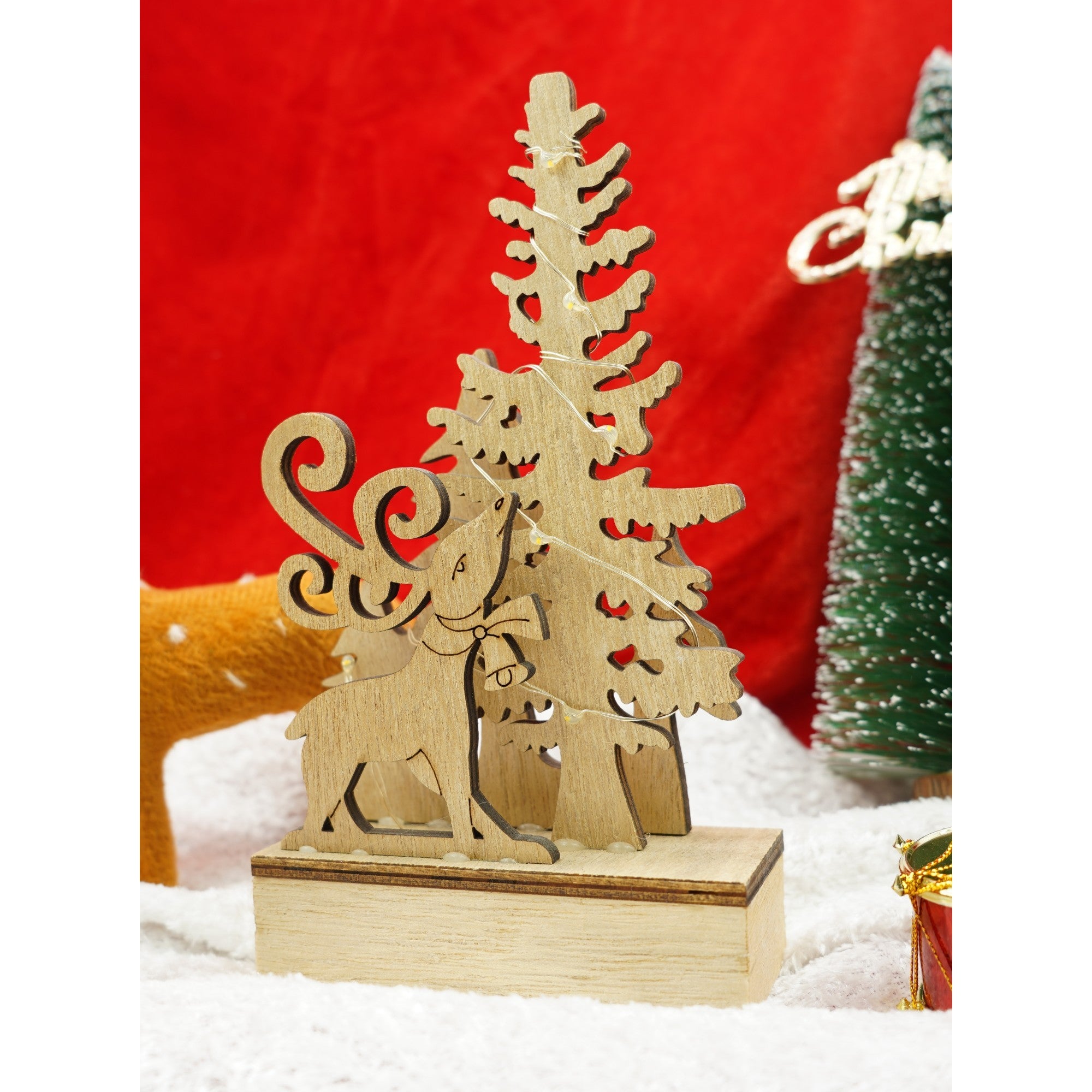 Decoratiune luminoasa, peisaj cu Cerb si Brad, maro, lungime: 11 cm, latime: 5 cm, inaltime: 19 cm, lemn, interior/exterior-1