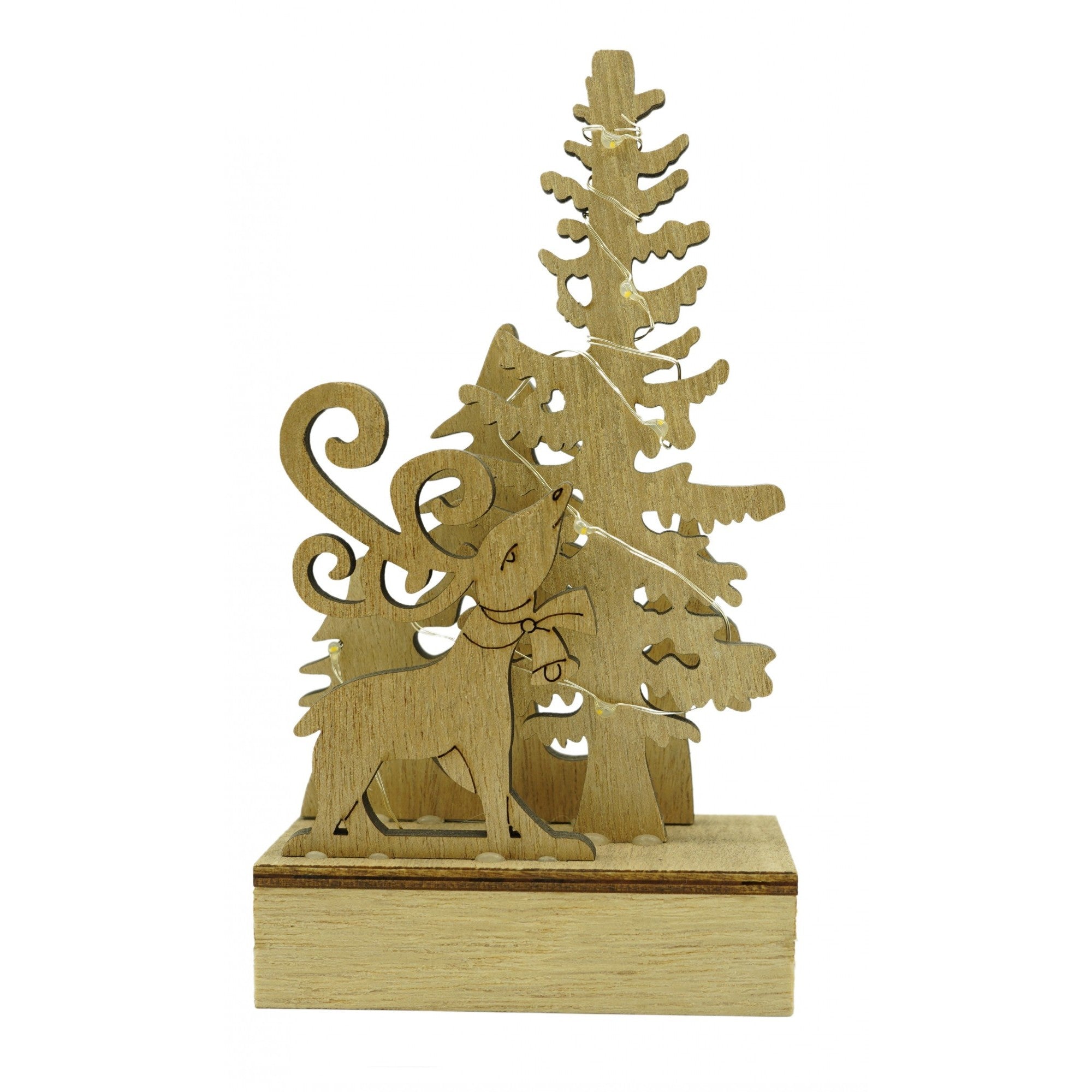 Decoratiune luminoasa, peisaj cu Cerb si Brad, maro, lungime: 11 cm, latime: 5 cm, inaltime: 19 cm, lemn, interior/exterior-0
