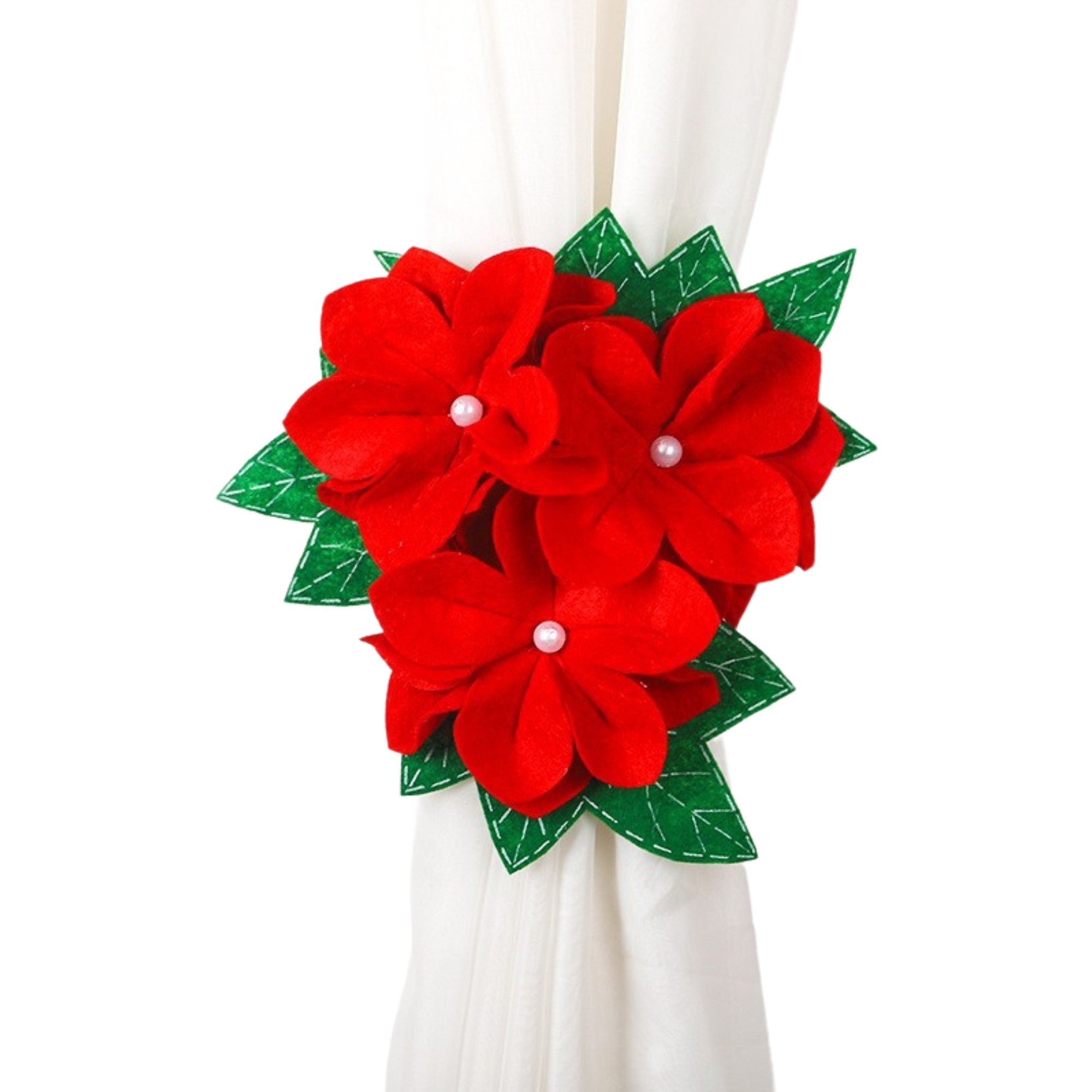 Decoratiune pentru perdea/draperie cu tematica de Craciun Flippy, model floare Craciunita, material texit si poliester, 31 cm, cu snur, rosu-0