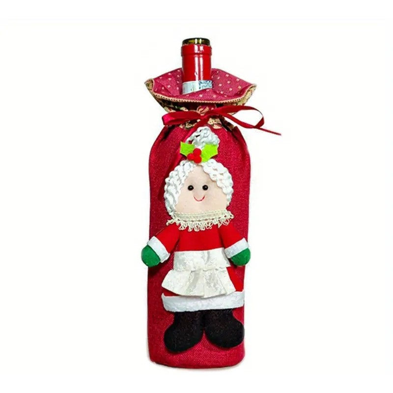 Decoratiune pentru Sticla de Vin, Flippy, Tema Craciun, Model Doamna Craciun, 14 x 29 cm, Rosu-0