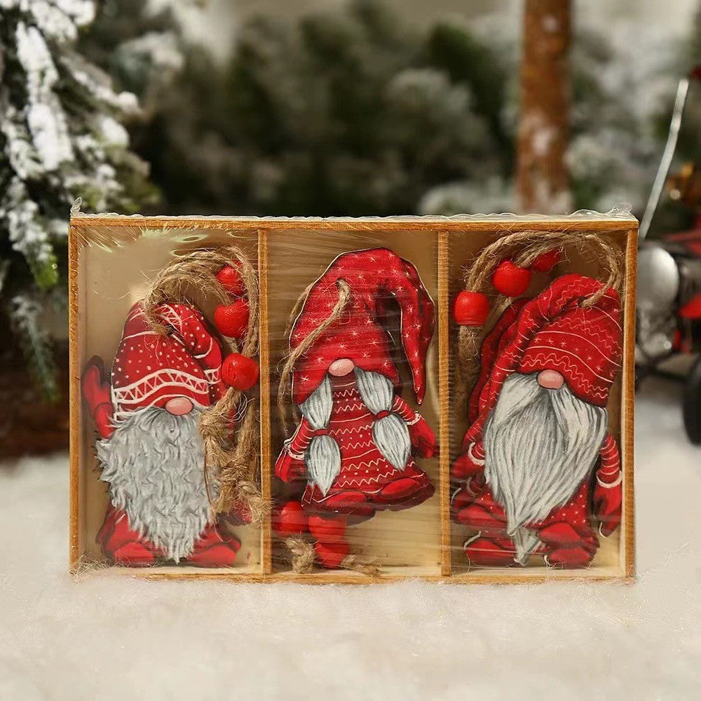 Set 9 Decoratiuni de Craciun din Lemn, Flippy, cu Snur pentru Agatare in Brad, Model Mos Craciun Diferite Dimensiuni, 3 Modele, Rosu-4