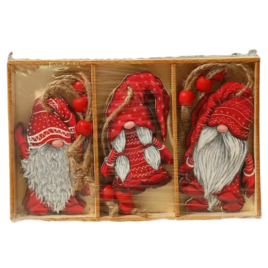 Set 9 Decoratiuni de Craciun din Lemn, Flippy, cu Snur pentru Agatare in Brad, Model Mos Craciun Diferite Dimensiuni, 3 Modele, Rosu-0