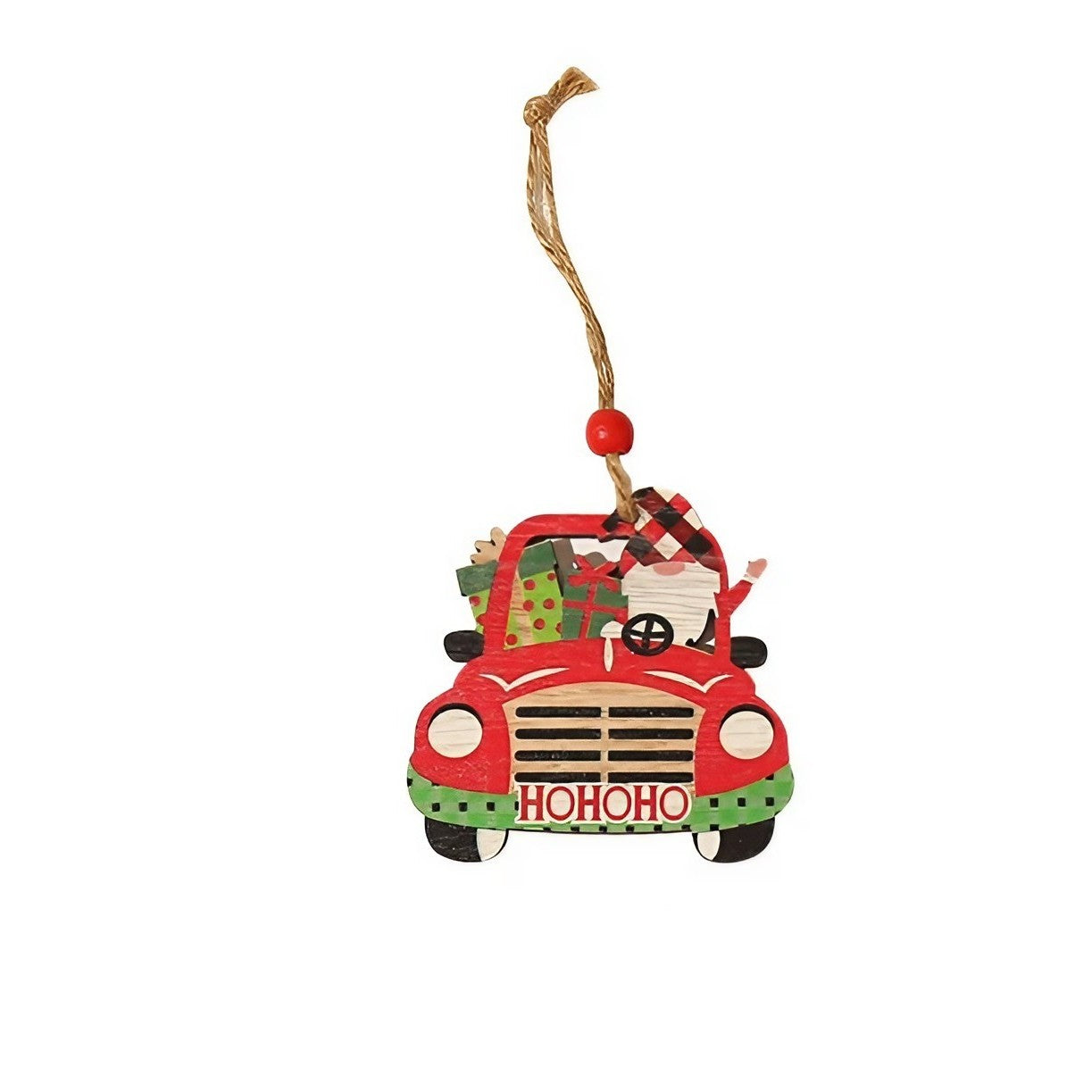 Decoratiune de Craciun din Lemn, Flippy, cu Snur pentru Agatare in Brad, Model Masina lui Mos Craciun, Scris HoHoHO, 8x8x0.4 cm, Multicolor-0