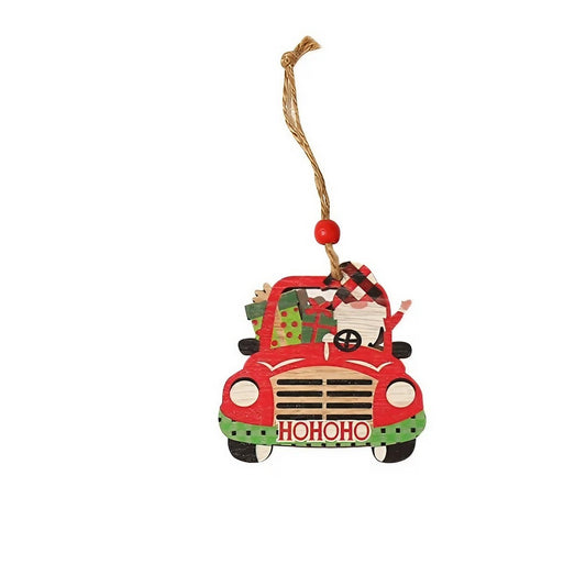 Decoratiune de Craciun din Lemn, Flippy, cu Snur pentru Agatare in Brad, Model Masina lui Mos Craciun, Scris HoHoHO, 8x8x0.4 cm, Multicolor-0