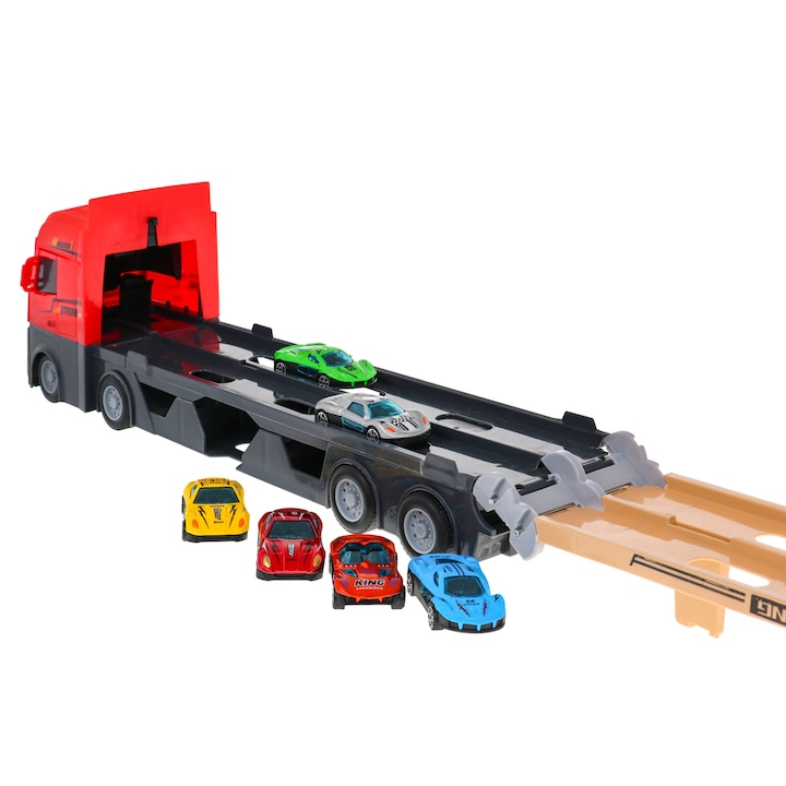 Set Camion 3in1 cu remorca, 6 masini de jucarie cu arcuri pentru copii, Pista cu catapulta