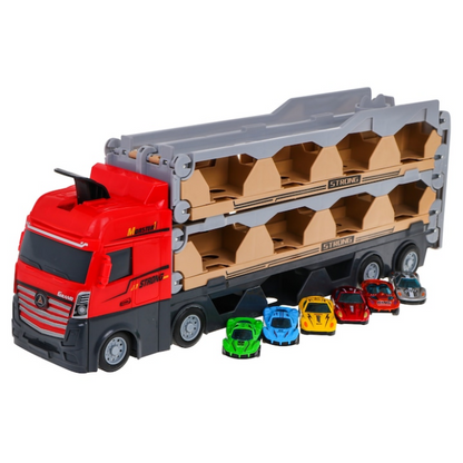 Set Camion 3in1 cu remorca, 6 masini de jucarie cu arcuri pentru copii, Pista cu catapulta