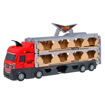 Set Camion 3in1 cu remorca, 6 masini de jucarie cu arcuri pentru copii, Pista cu catapulta