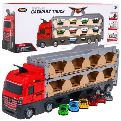 Set Camion 3in1 cu remorca, 6 masini de jucarie cu arcuri pentru copii, Pista cu catapulta