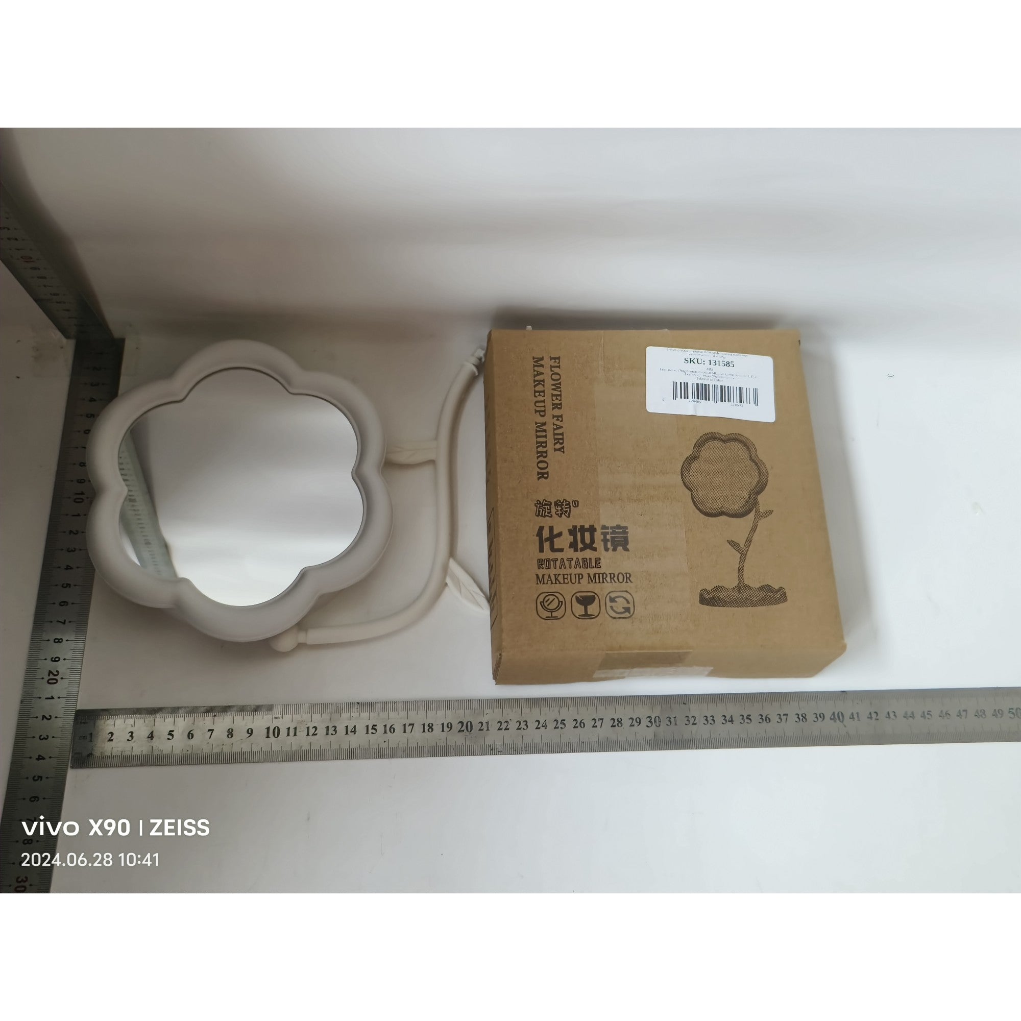 Oglindă de machiaj pentru birou, Flippy, rotativă, detașabilă, Model de floarea soarelui, Alba-1