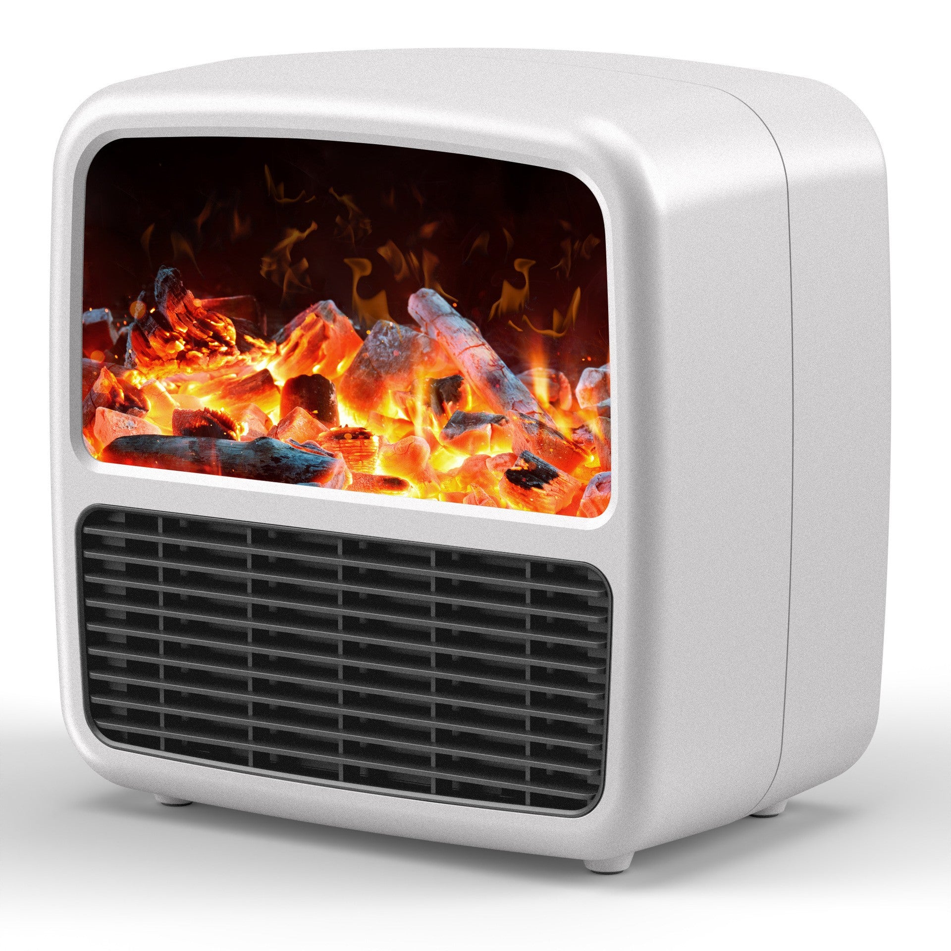 Mini Aeroterma Puternica Portabila Flippy, Putere 1500W, Mini radiator electric cu Display LCD, efect de semineu si flacara, 22x22x15 cm, Alb-0