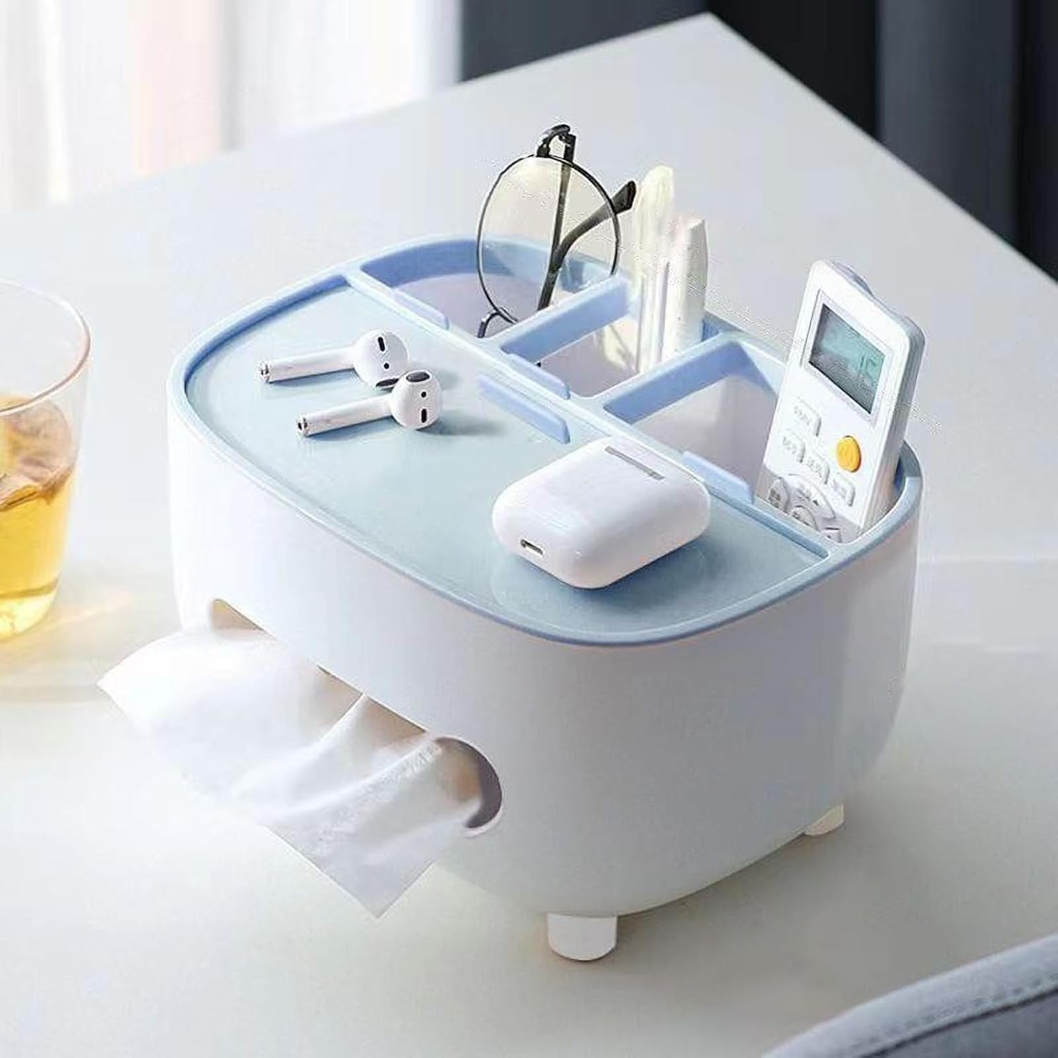 Suport pentru Servetele, Flippy, Cutie Multifunctionala, Design Minimalist, ABS, cu Suport pentru Obiectele Personale, pentru Birou, 21x12x12 cm, Albastru-1