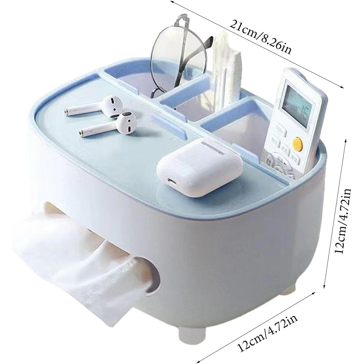 Suport pentru Servetele, Flippy, Cutie Multifunctionala, Design Minimalist, ABS, cu Suport pentru Obiectele Personale, pentru Birou, 21x12x12 cm, Albastru-3
