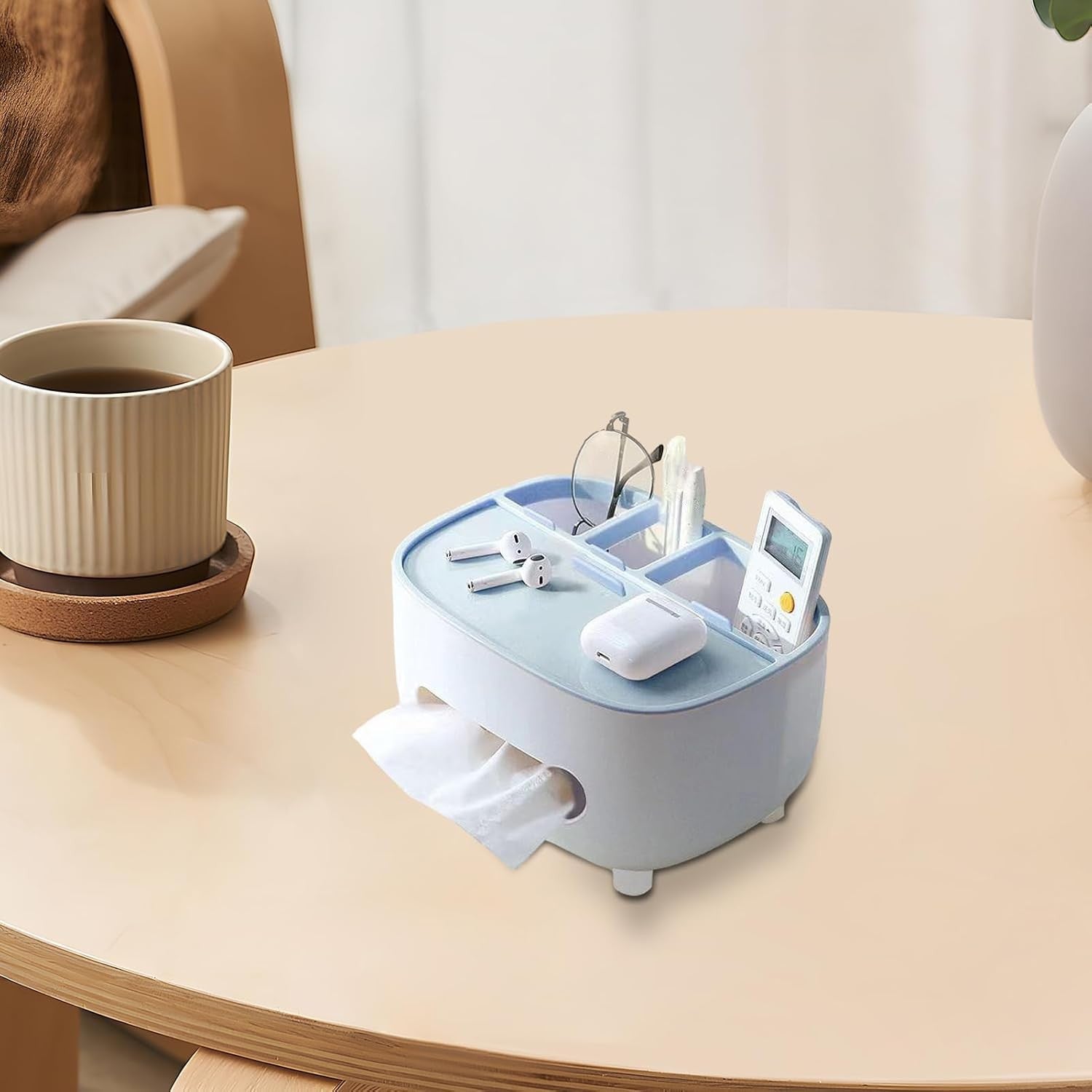 Suport pentru Servetele, Flippy, Cutie Multifunctionala, Design Minimalist, ABS, cu Suport pentru Obiectele Personale, pentru Birou, 21x12x12 cm, Albastru-5