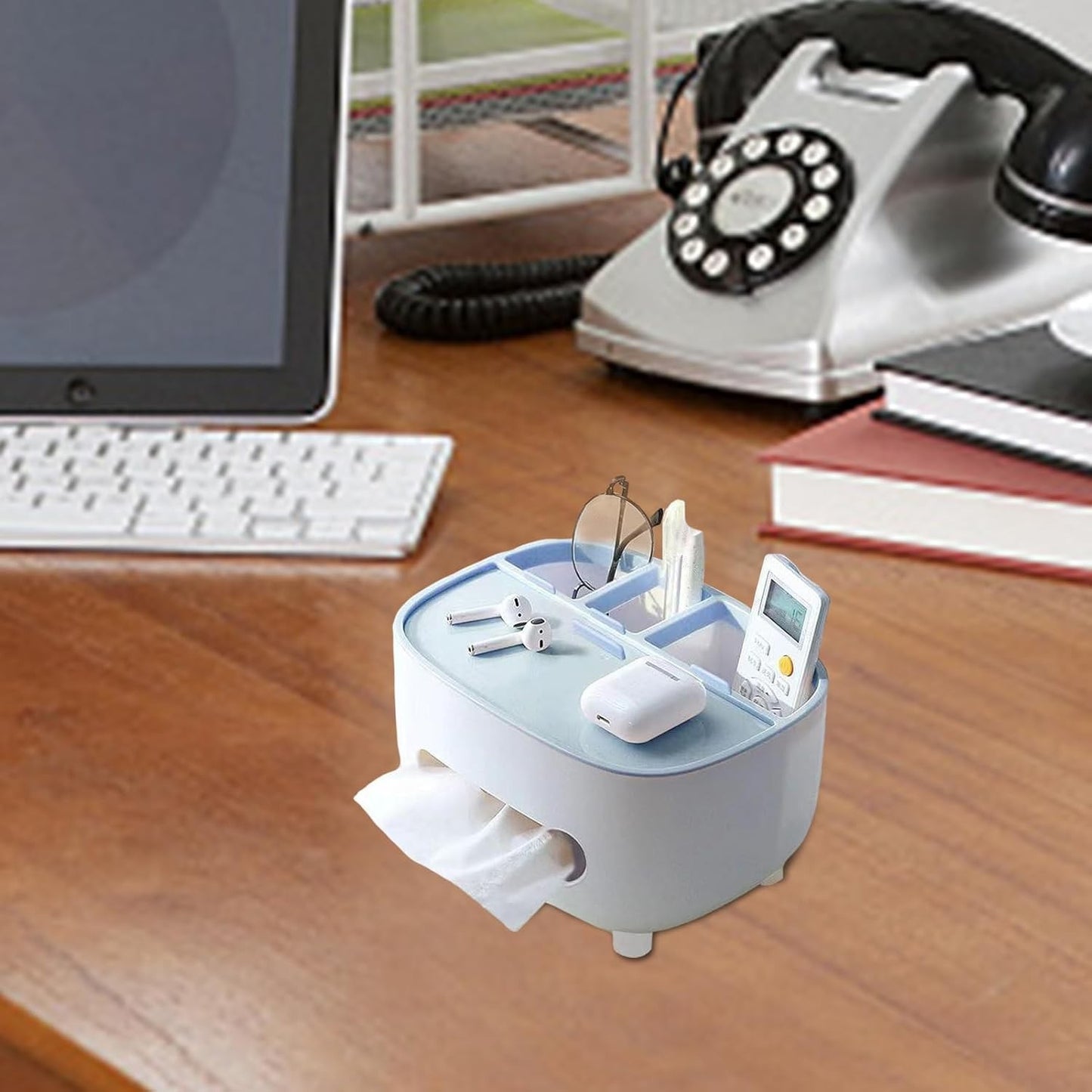 Suport pentru Servetele, Flippy, Cutie Multifunctionala, Design Minimalist, ABS, cu Suport pentru Obiectele Personale, pentru Birou, 21x12x12 cm, Albastru-6