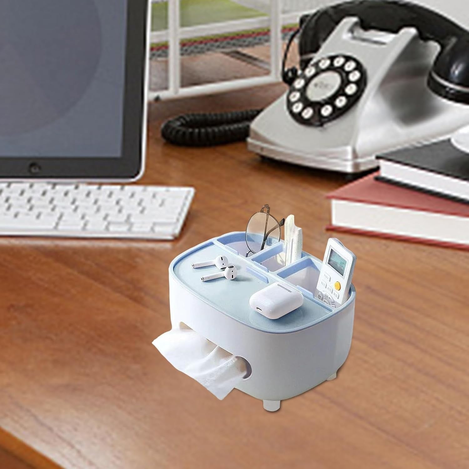 Suport pentru Servetele, Flippy, Cutie Multifunctionala, Design Minimalist, ABS, cu Suport pentru Obiectele Personale, pentru Birou, 21x12x12 cm, Albastru-6