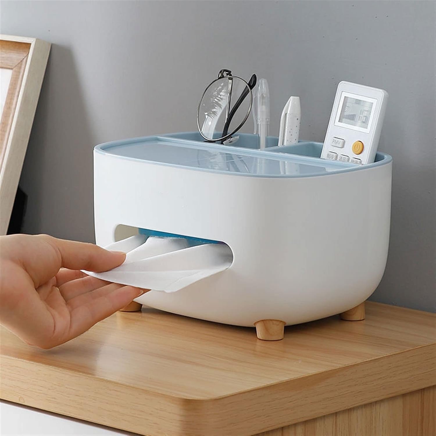 Suport pentru Servetele, Flippy, Cutie Multifunctionala, Design Minimalist, ABS, cu Suport pentru Obiectele Personale, pentru Birou, 21x12x12 cm, Albastru-7