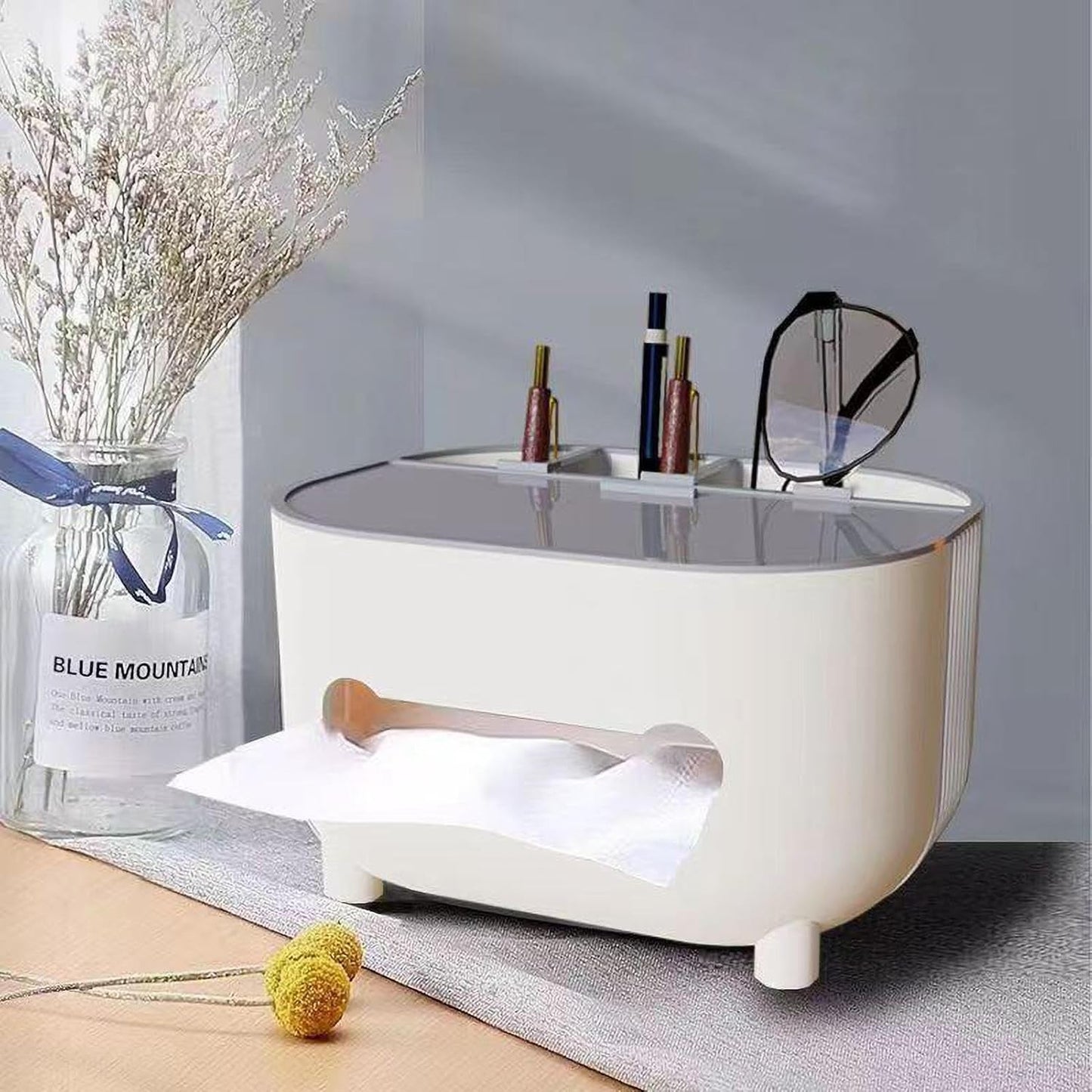 Suport pentru Servetele, Flippy, Cutie Multifunctionala, Design Minimalist, ABS, cu Suport pentru Obiectele Personale, pentru Birou, 21x12x12 cm, Gri-9