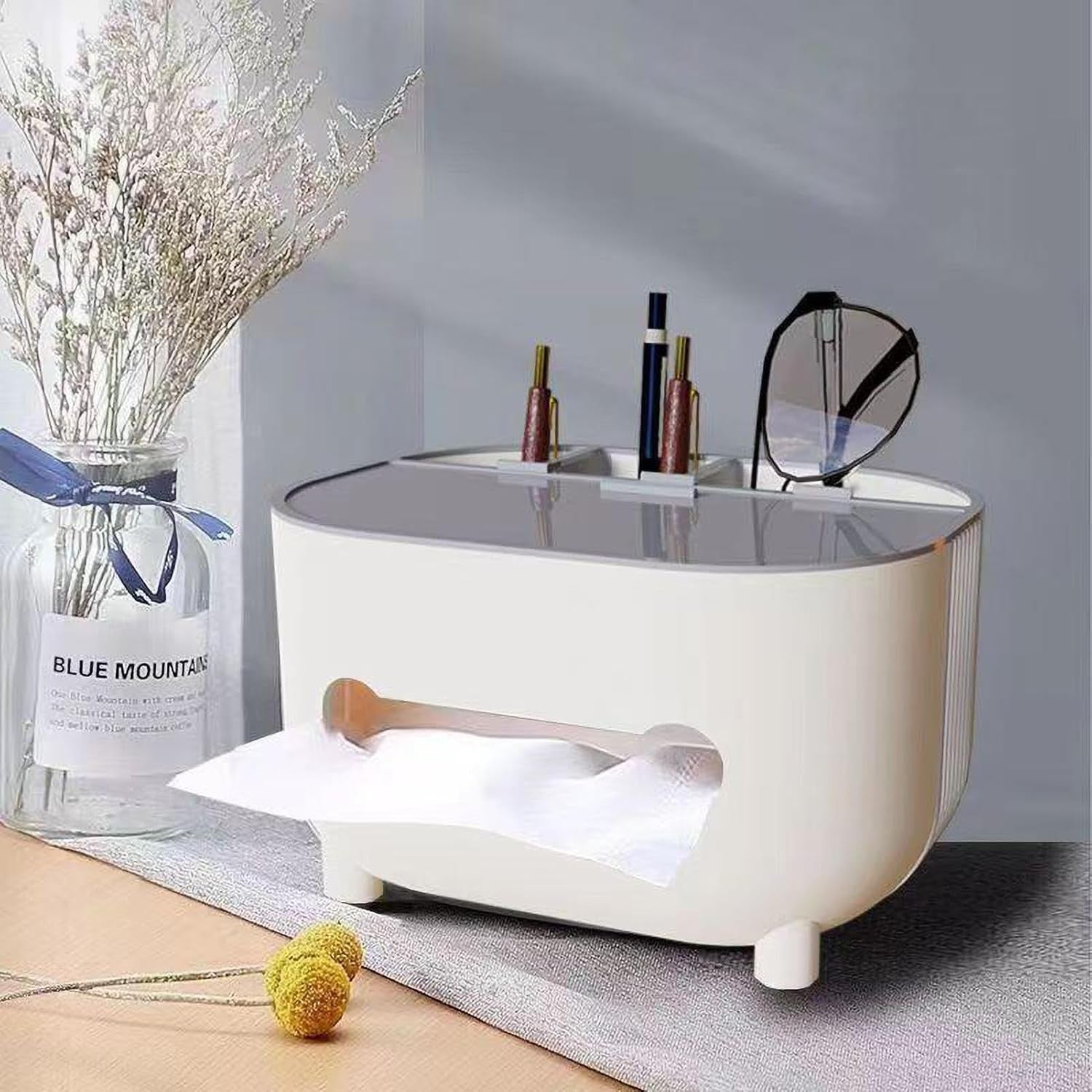 Suport pentru Servetele, Flippy, Cutie Multifunctionala, Design Minimalist, ABS, cu Suport pentru Obiectele Personale, pentru Birou, 21x12x12 cm, Gri-9