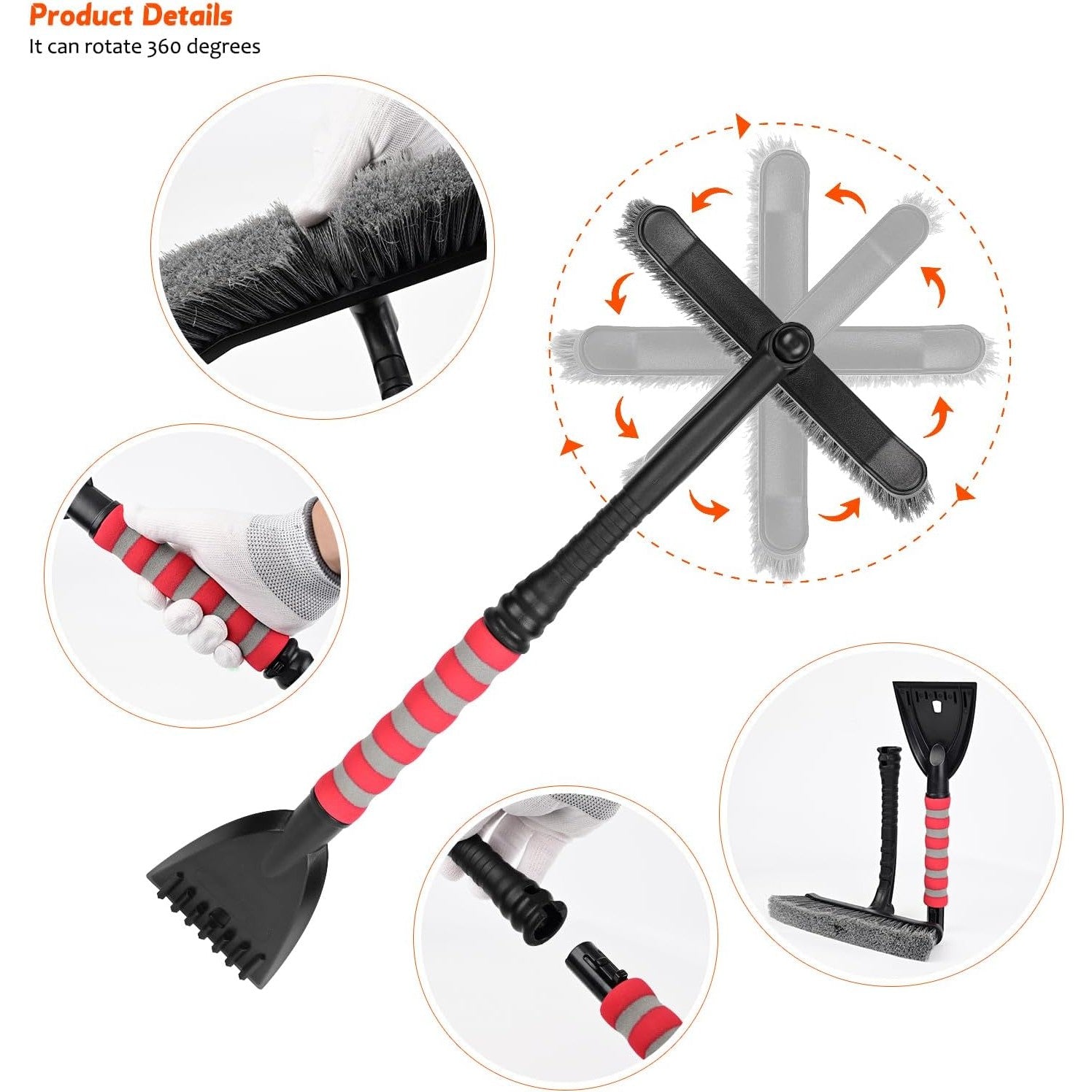 Perie de Zapada cu Racleta pentru Masina, Flippy, Multifunctionala, Rotativa, Demontabila, cu Maner Antiderapant, Aluminiu, Plastic, Fragmentarea Ghetii de pe Parbriz, Solutia pentru Iarna, pentru Dezghetare, 54x10.5x27 cm, Rosie-4