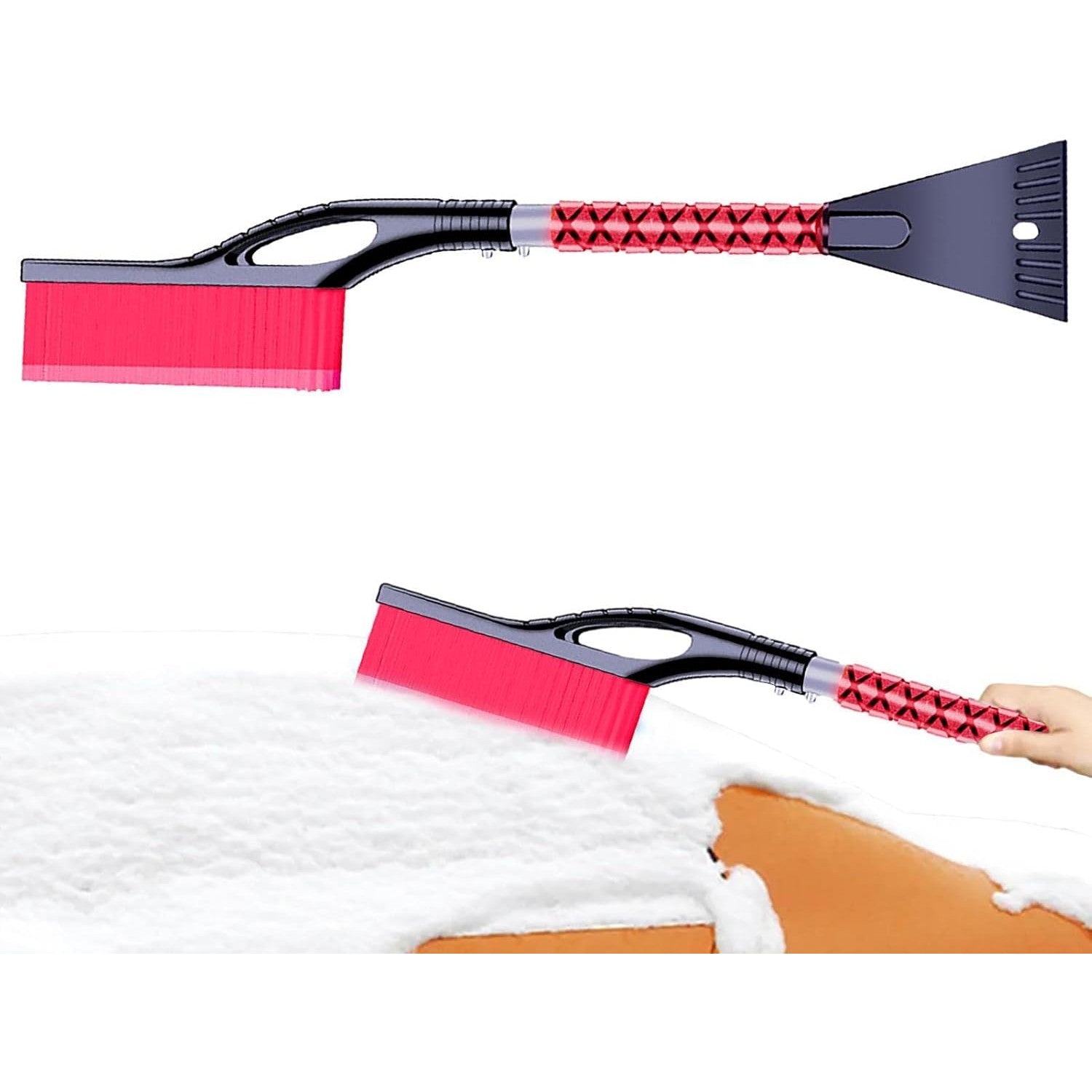Perie de Zapada cu Racleta pentru Masina, Flippy, Multifunctionala, Demontabila, cu Maner Antiderapant, Aluminiu, Plastic, Fragmentarea Ghetii de pe Parbriz, Solutia pentru Iarna, pentru Dezghetare, 68x24x11.1 cm, Rosu-1