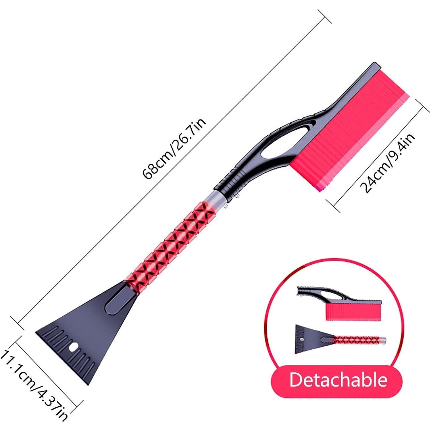 Perie de Zapada cu Racleta pentru Masina, Flippy, Multifunctionala, Demontabila, cu Maner Antiderapant, Aluminiu, Plastic, Fragmentarea Ghetii de pe Parbriz, Solutia pentru Iarna, pentru Dezghetare, 68x24x11.1 cm, Rosu-4
