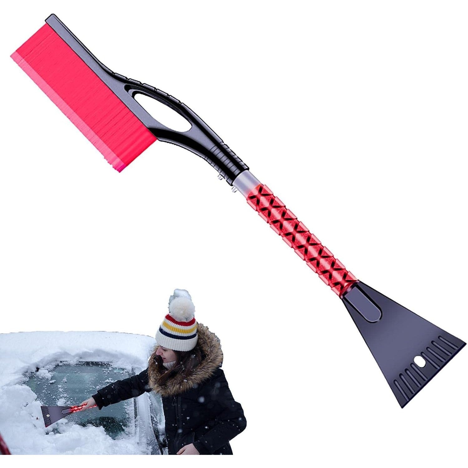 Perie de Zapada cu Racleta pentru Masina, Flippy, Multifunctionala, Demontabila, cu Maner Antiderapant, Aluminiu, Plastic, Fragmentarea Ghetii de pe Parbriz, Solutia pentru Iarna, pentru Dezghetare, 68x24x11.1 cm, Rosu-7