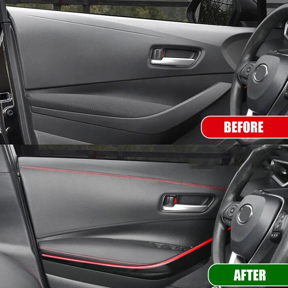 Banda decorativa pentru interiorul vehiculului, lungime 2m, din piele ecologica, culoare Neagra + cusatura Rosie-2