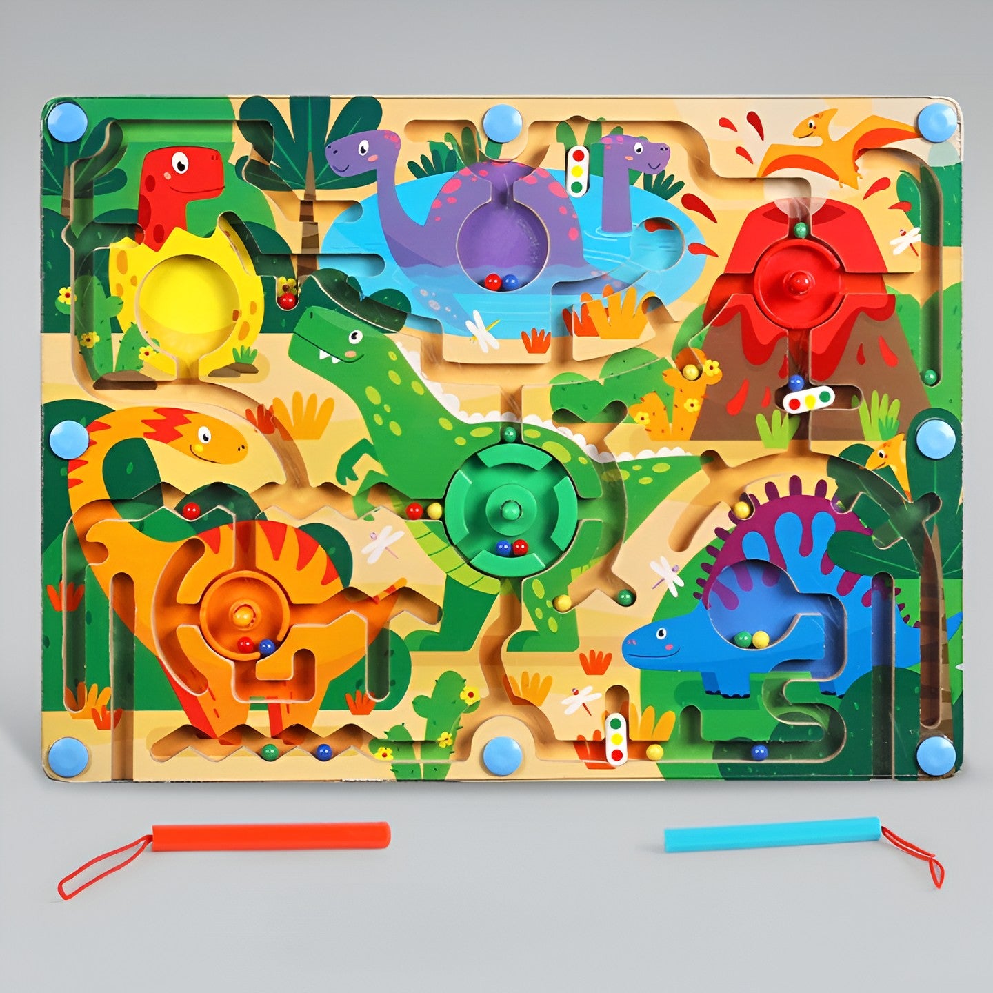 Joc Montessori de Sortare Culori, Flippy, Creion Magnetic, Tip Labirint Ilustrat, din Lemn, Model Dinozauri, 39x29x1.5 cm-2